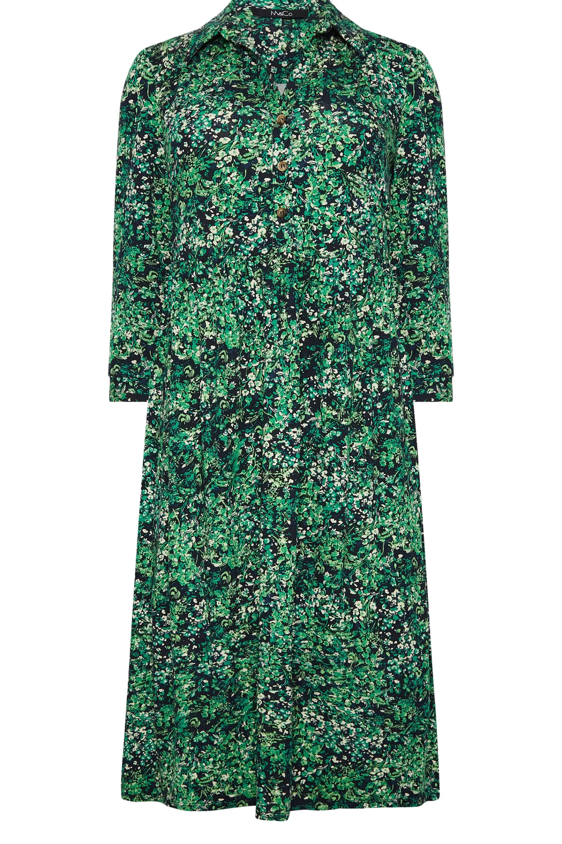 Women M&Co Wedding Guest Dresses> Womens Green Floral Half Placket Midi Smock Dress