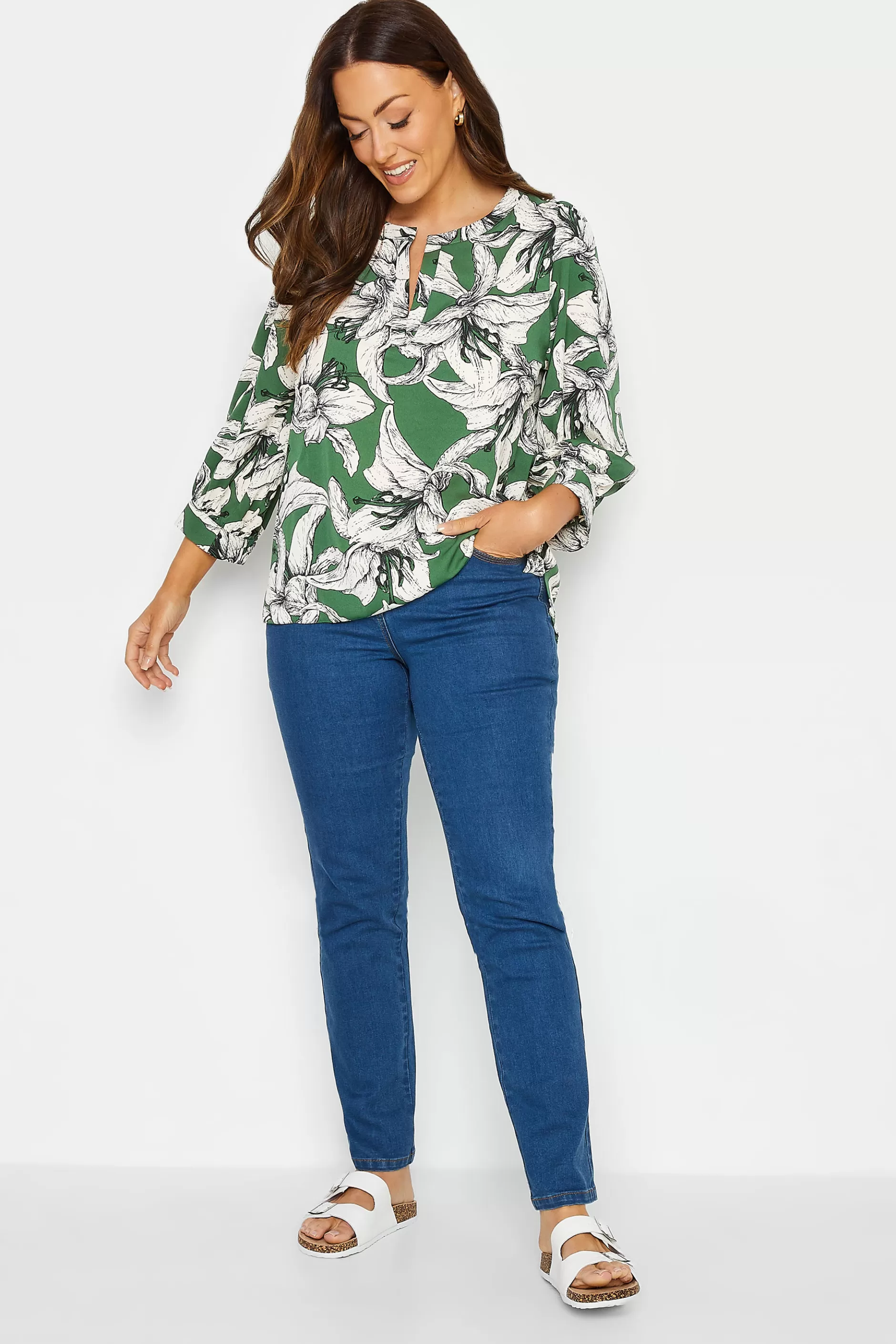 Women M&Co Shirts> Womens Green Floral Print 3/4 Sleeve Blouse