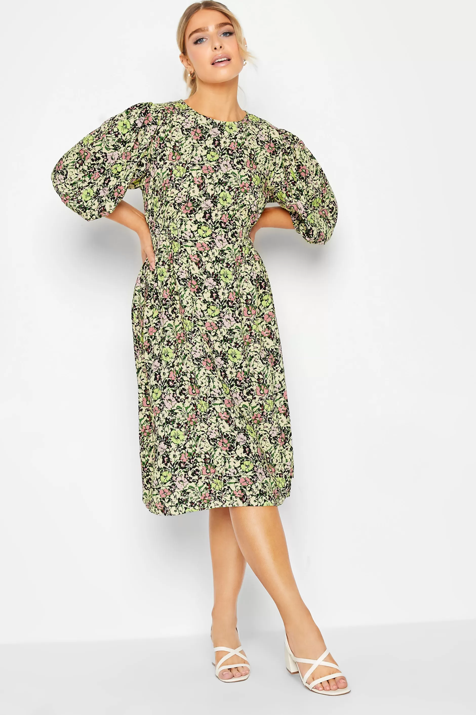 Women M&Co Wedding Guest Dresses> Womens Green Floral Print Midi Dress