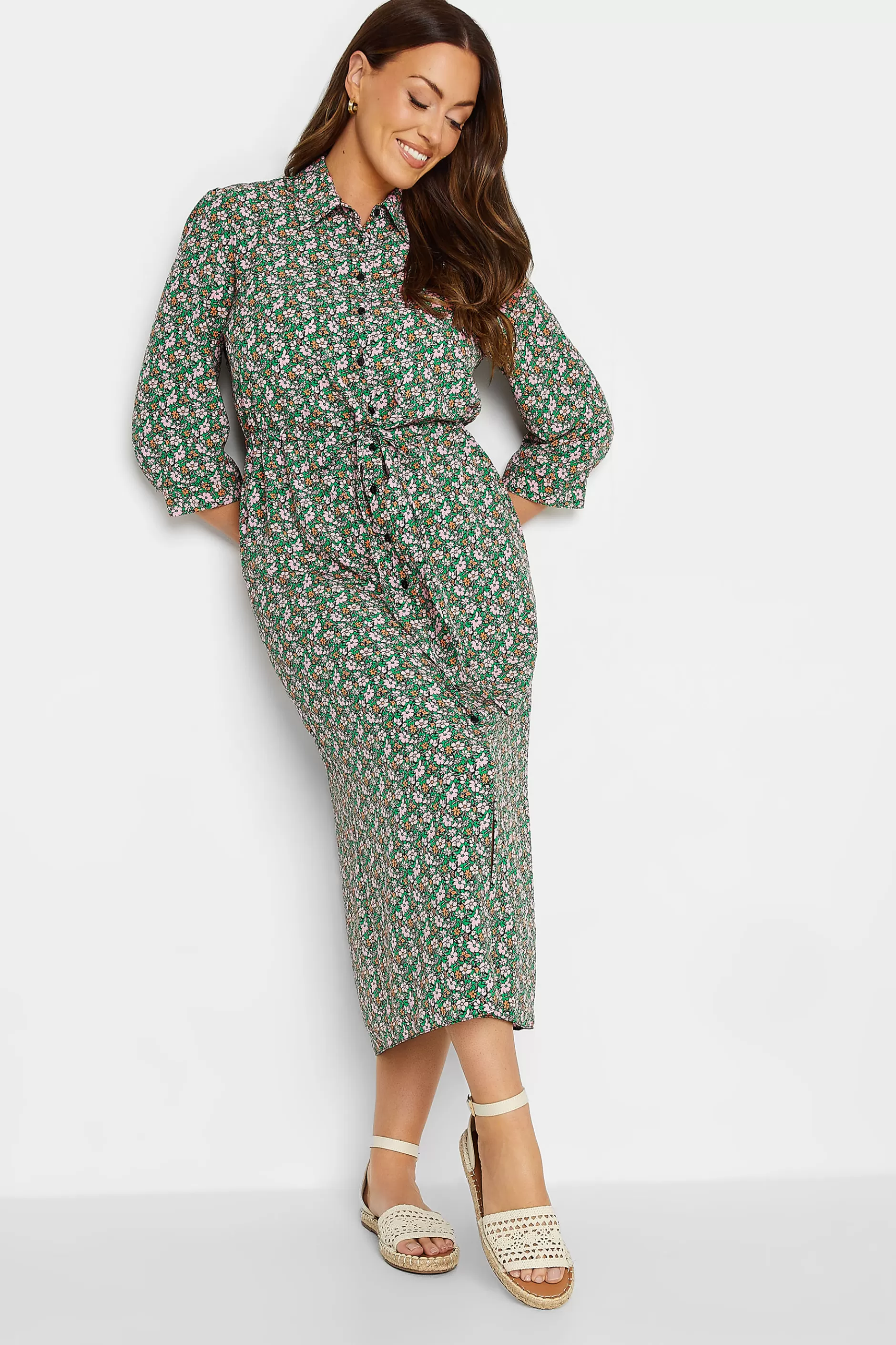 Women M&Co Shirt Dresses> Womens Green Floral Print Midi Shirt Dress
