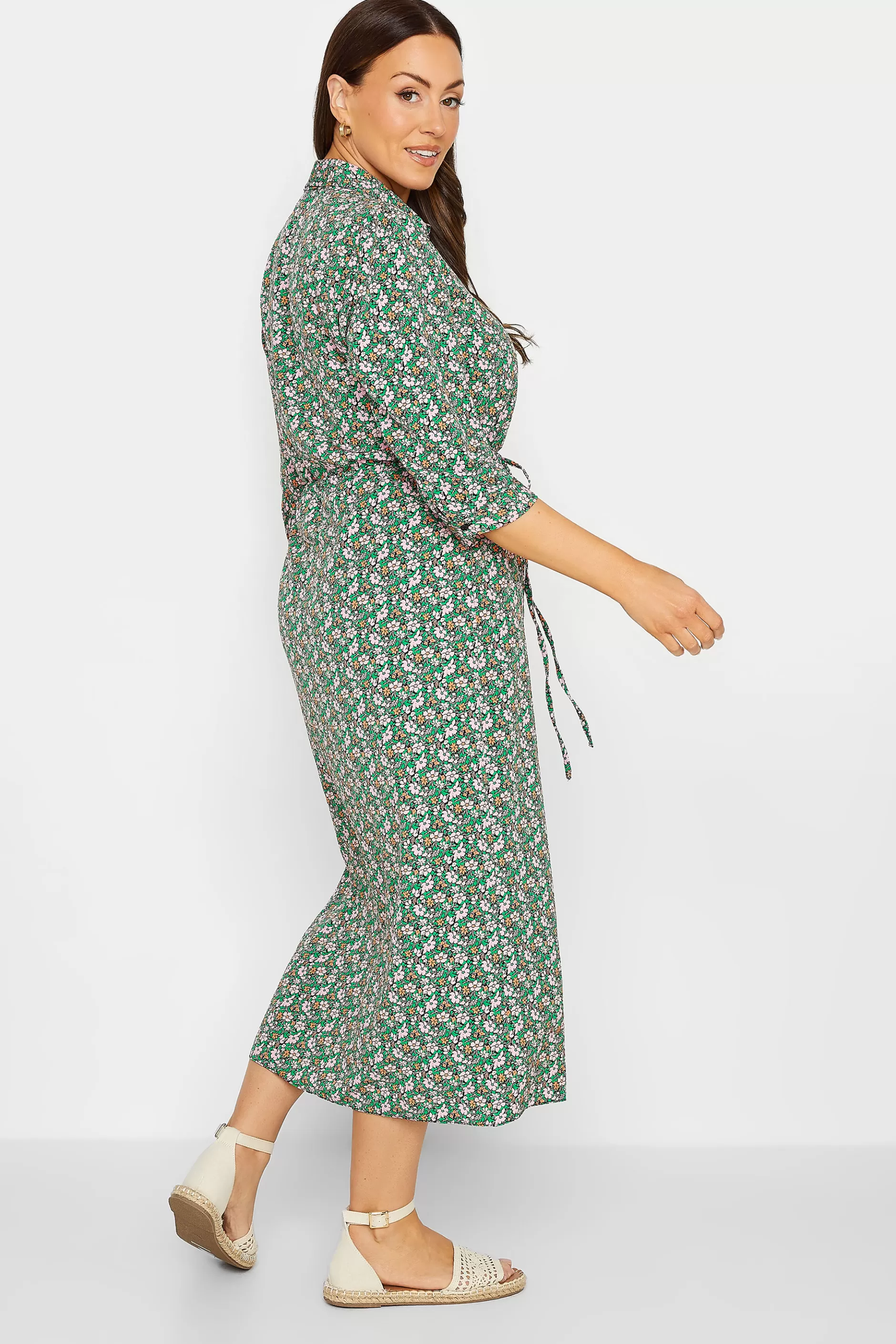 Women M&Co Shirt Dresses> Womens Green Floral Print Midi Shirt Dress