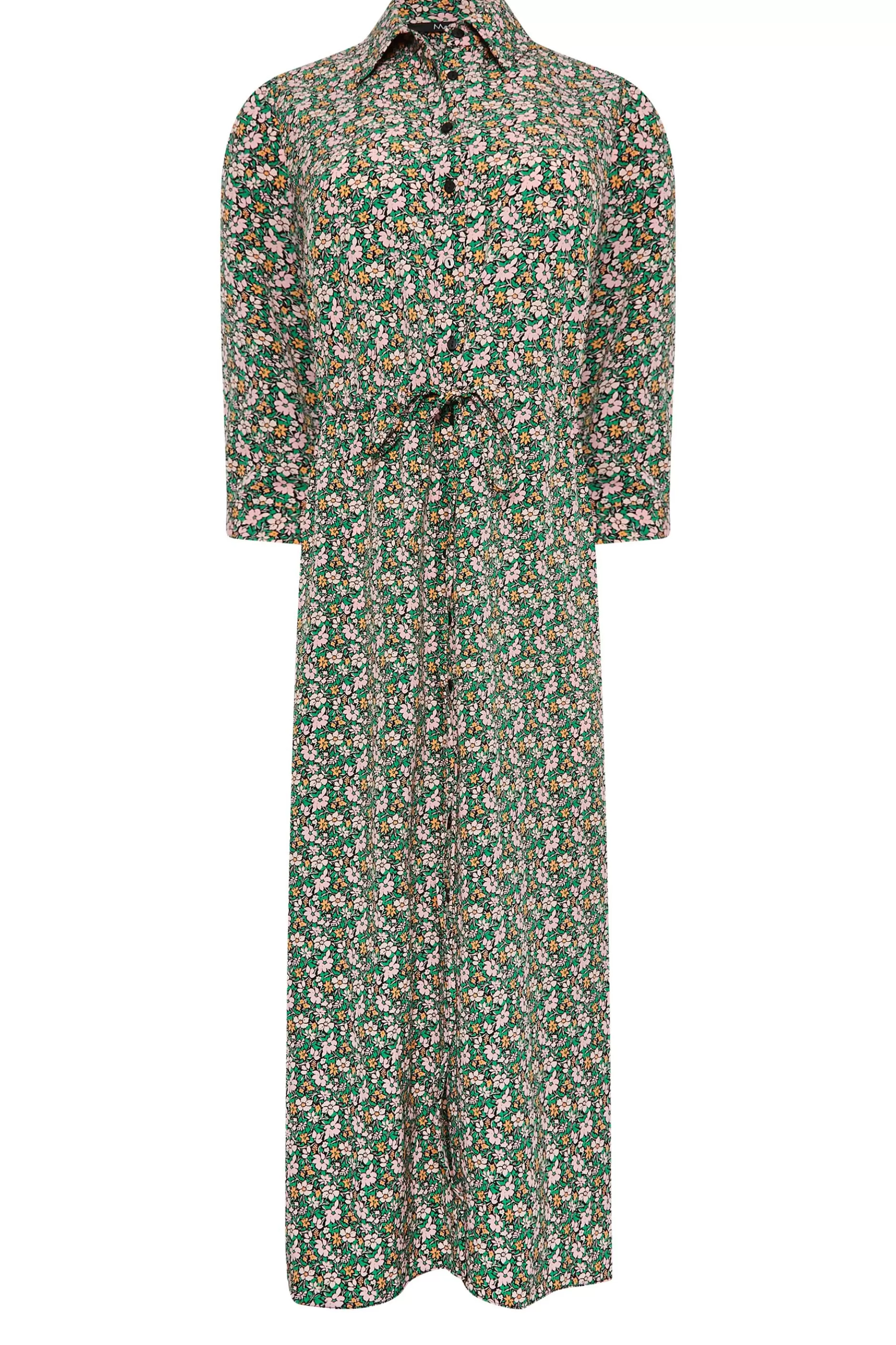 Women M&Co Shirt Dresses> Womens Green Floral Print Midi Shirt Dress