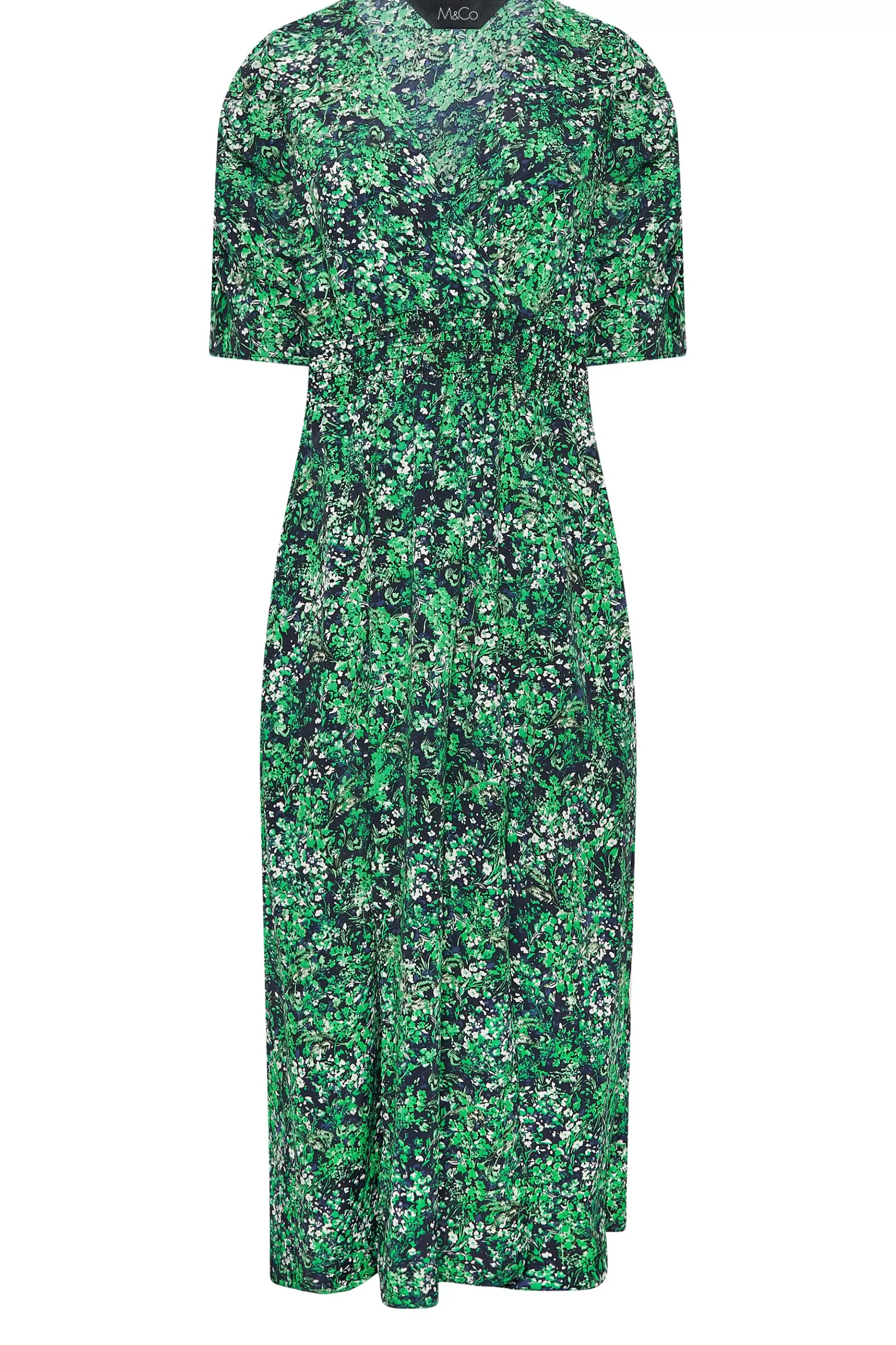 Women M&Co Midi Dresses> Womens Green Floral Print Shirred Waist Midi Dress
