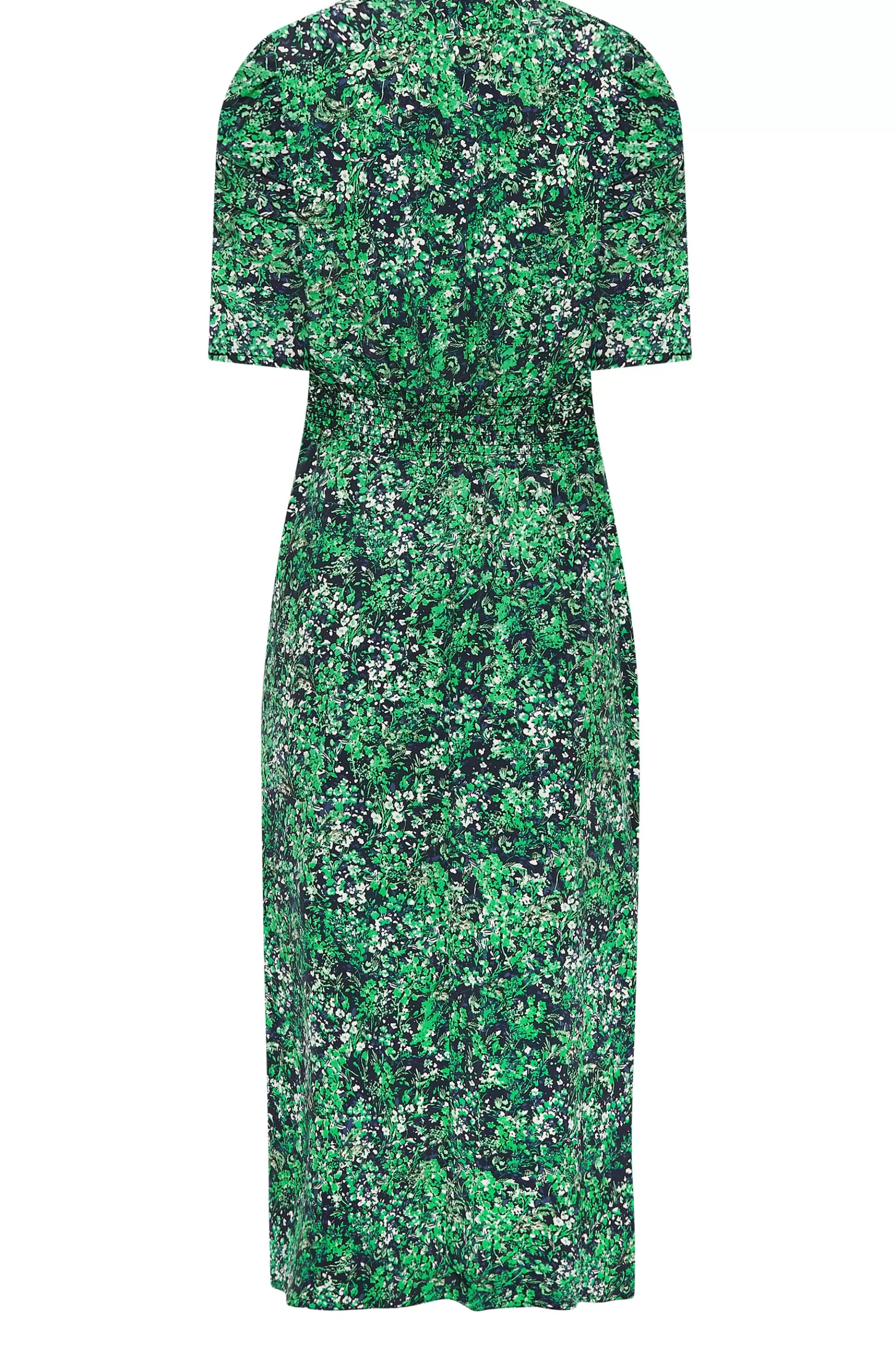 Women M&Co Midi Dresses> Womens Green Floral Print Shirred Waist Midi Dress