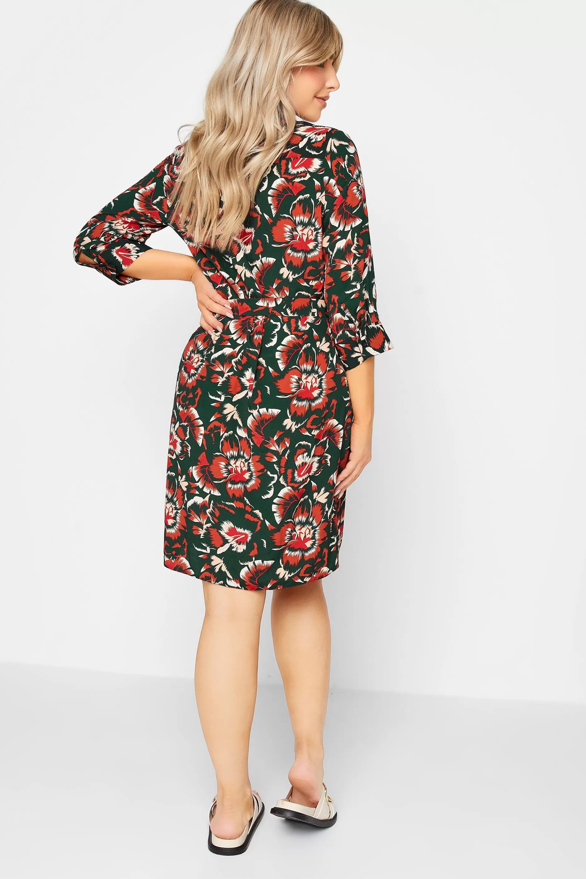 Women M&Co Shirt Dresses> Womens Green Floral Print Tie Tunic Shirt Dress