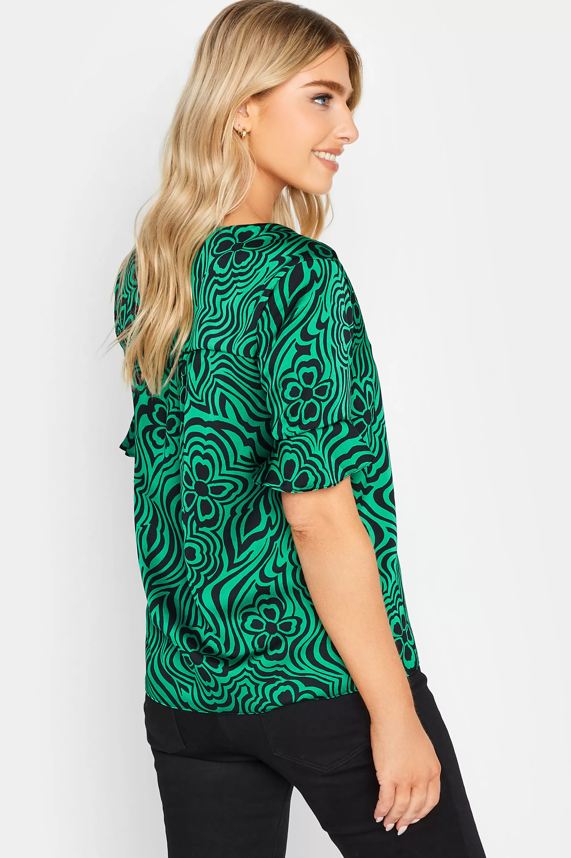 Women M&Co Short Sleeve Tops> Womens Green Floral Swirl Print Frill Sleeve Blouse