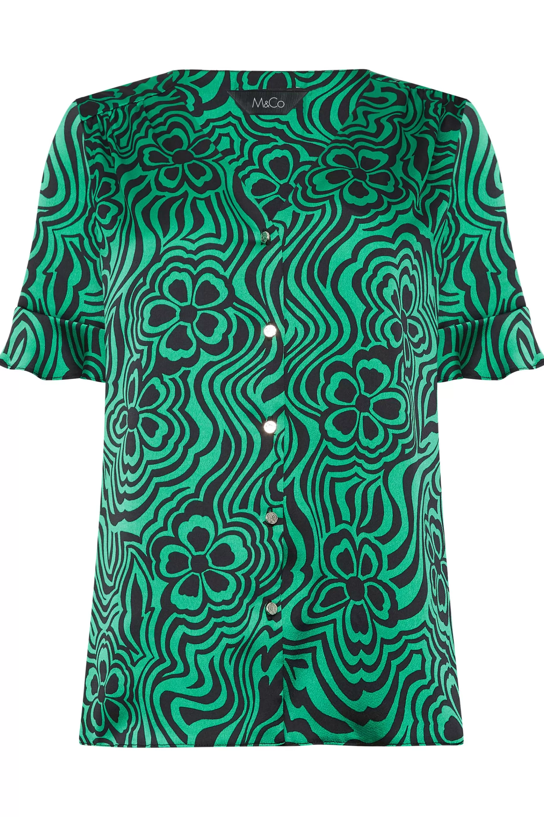 Women M&Co Short Sleeve Tops> Womens Green Floral Swirl Print Frill Sleeve Blouse