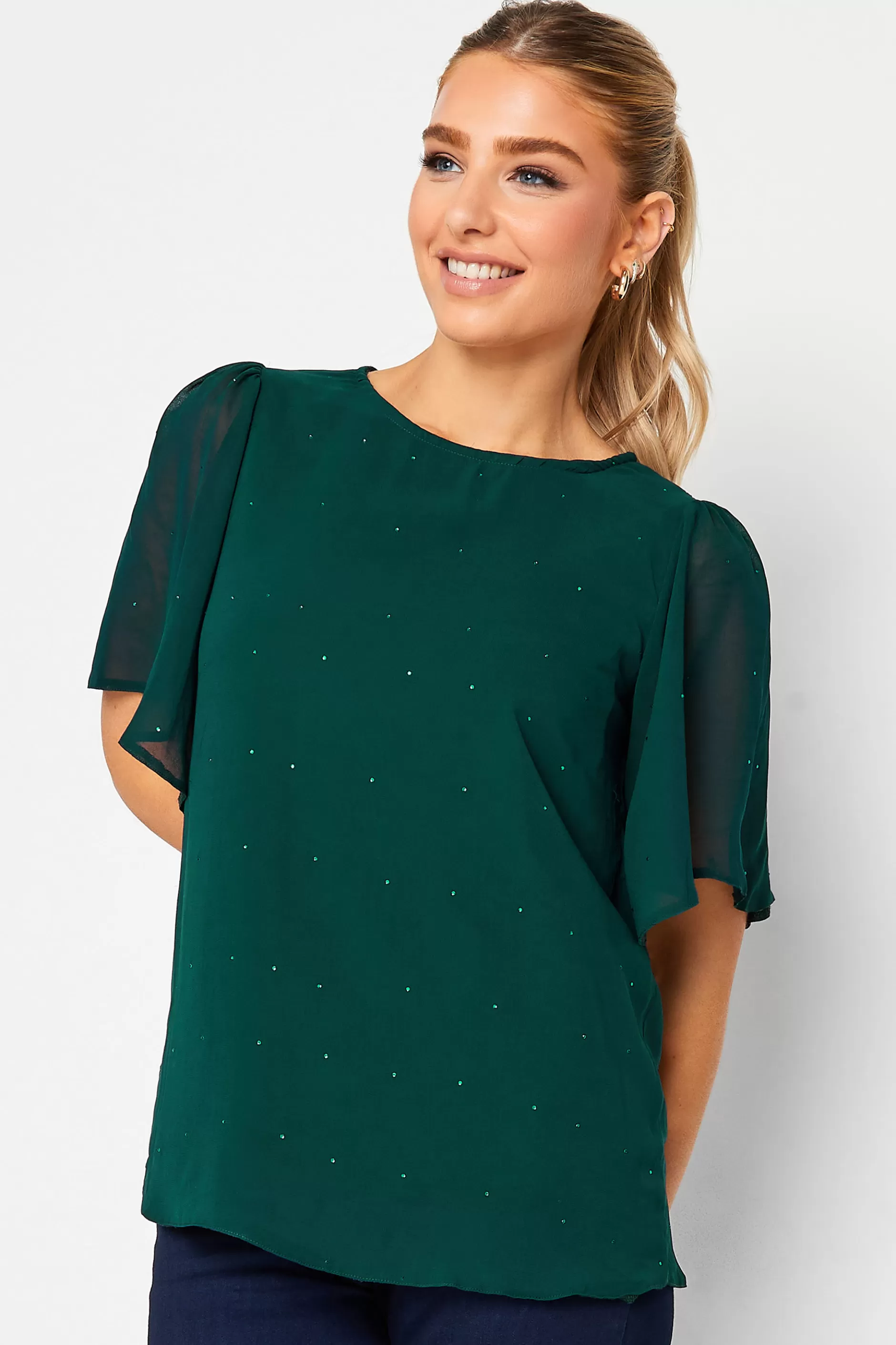 Women M&Co Blouses> Womens Green Gem Detail Angel Sleeve Blouse