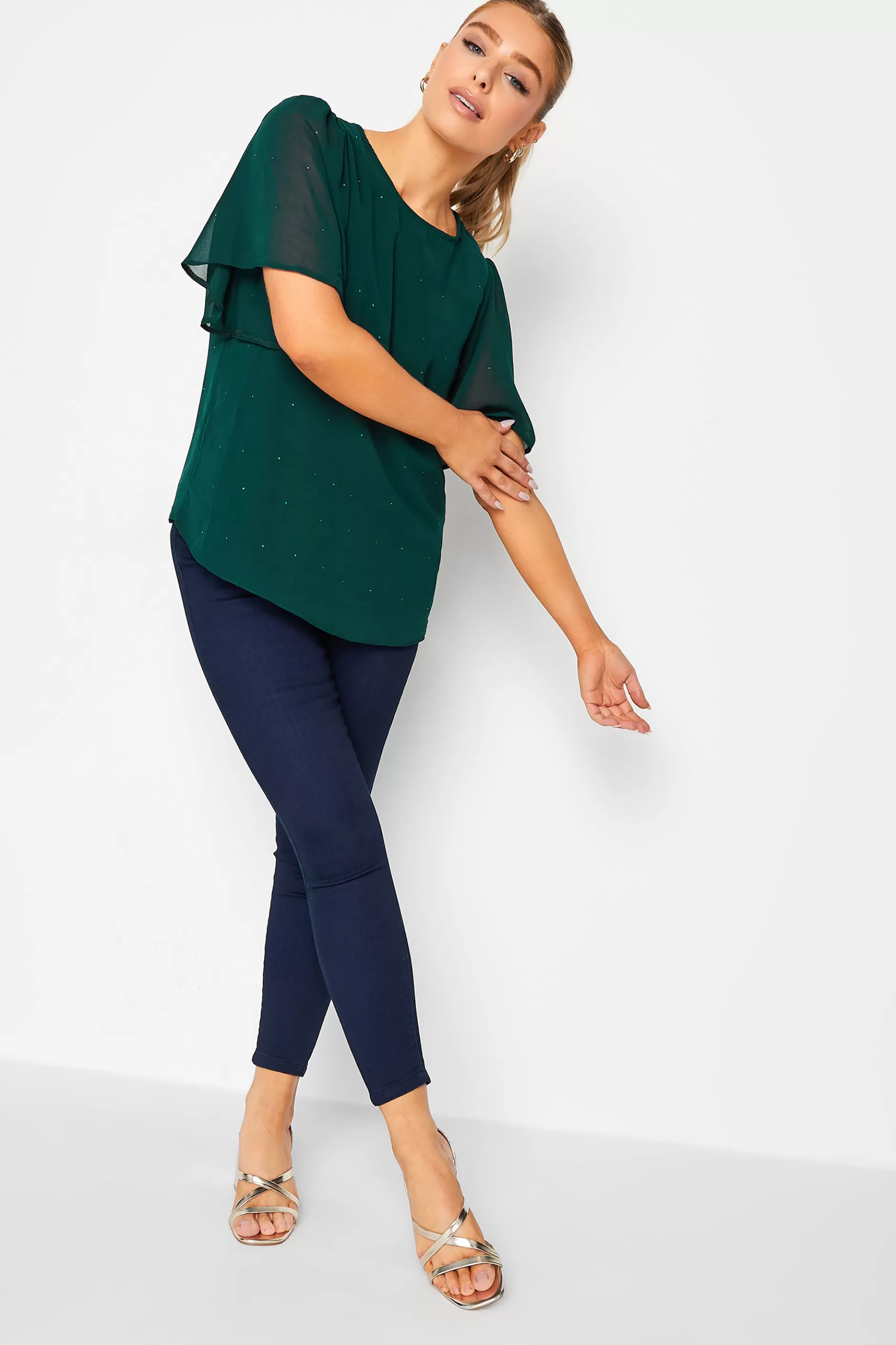 Women M&Co Blouses> Womens Green Gem Detail Angel Sleeve Blouse