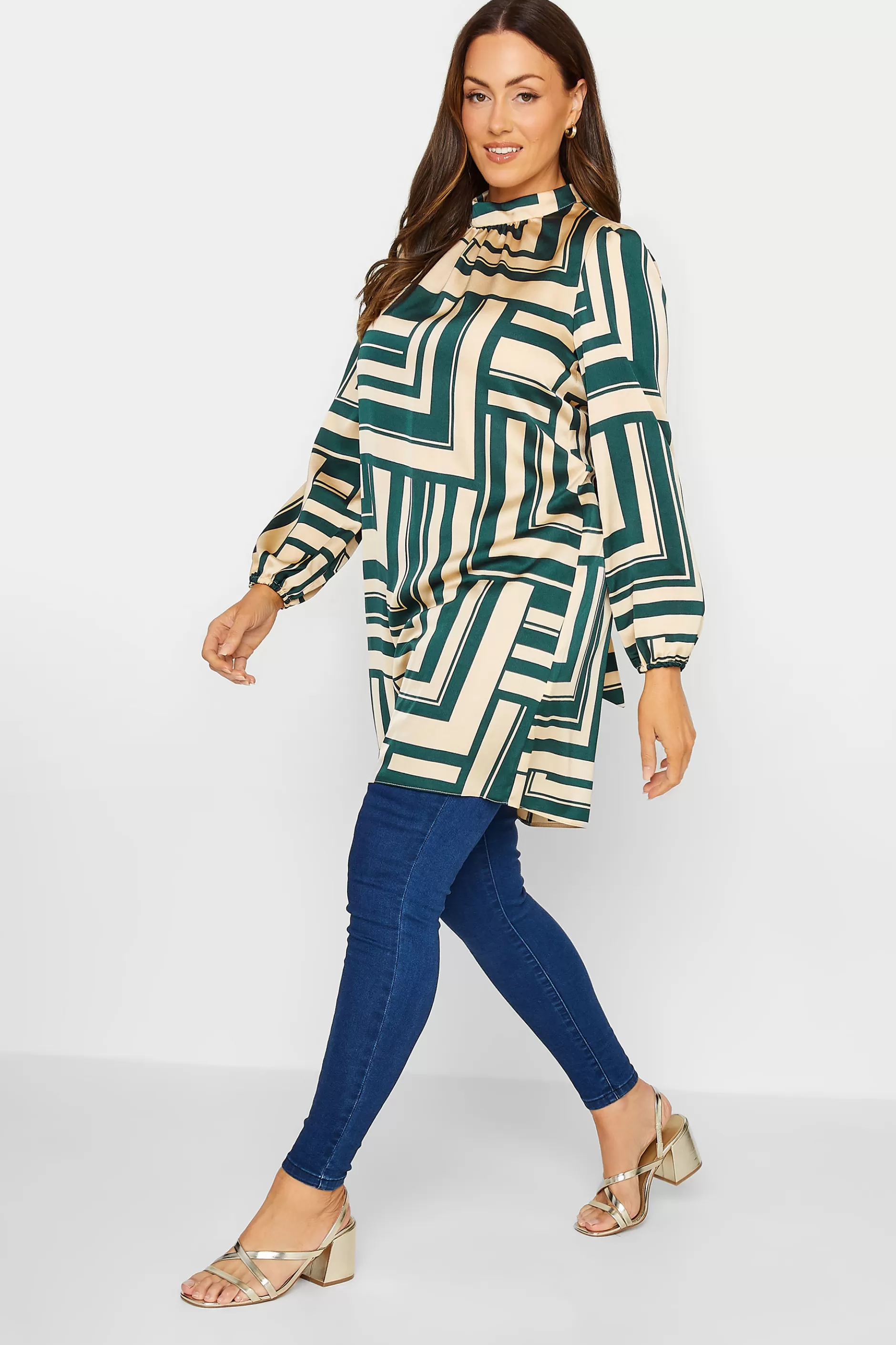Women M&Co Shirts> Womens Green Geometric Print High Neck Tunic Blouse