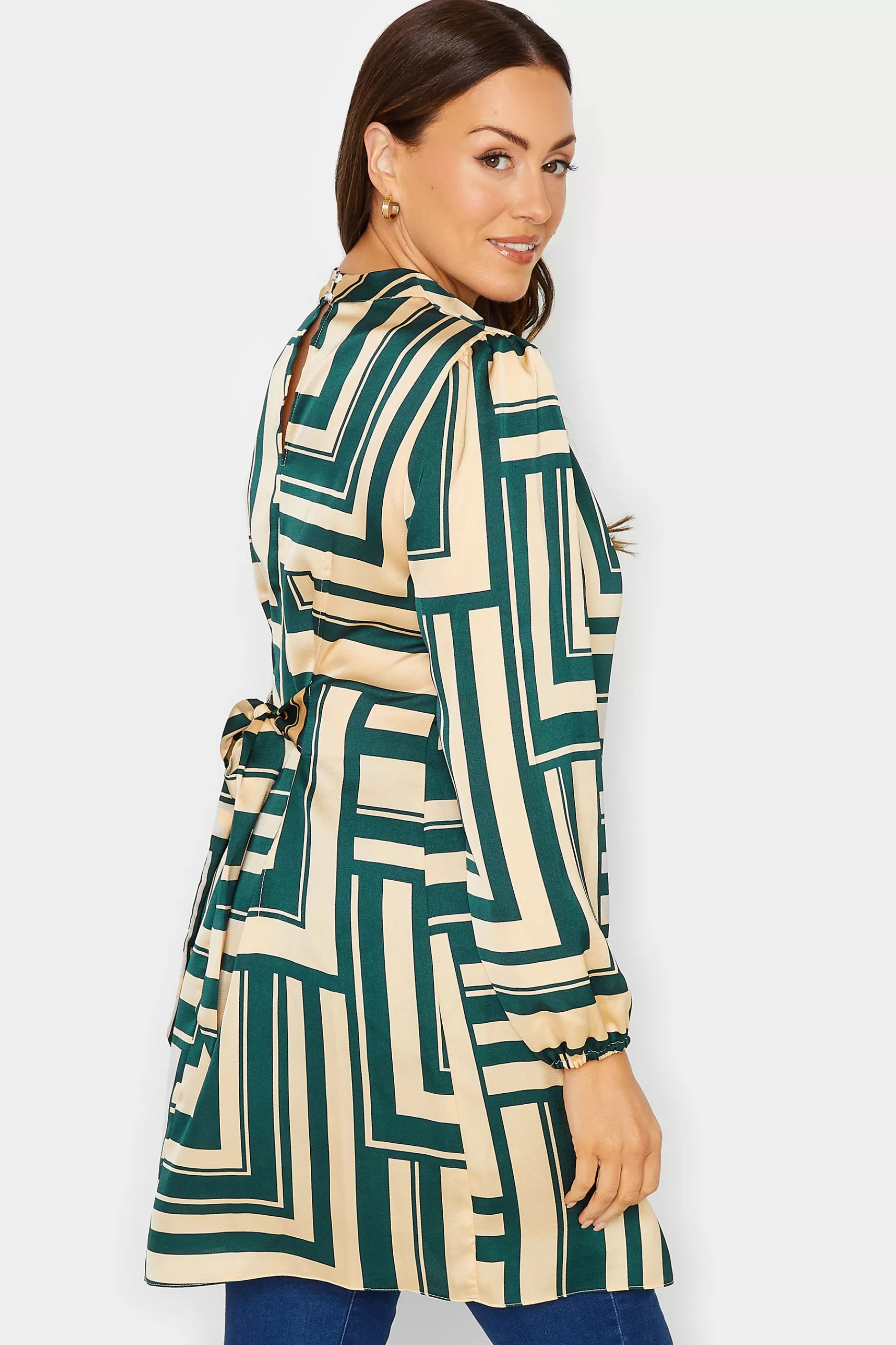 Women M&Co Shirts> Womens Green Geometric Print High Neck Tunic Blouse
