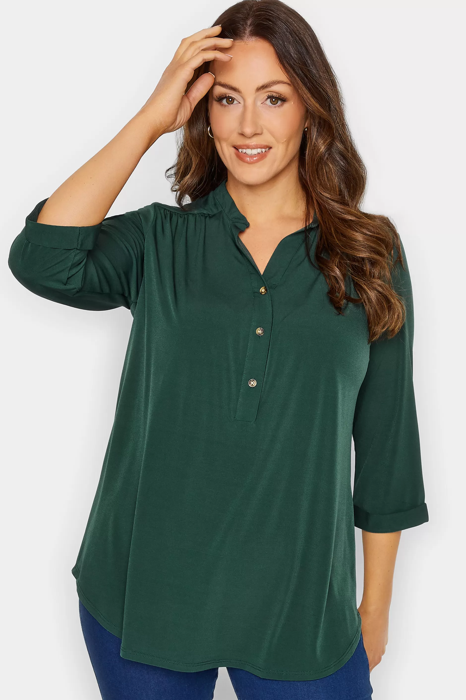 Women M&Co Shirts> Womens Green Half Placket Jersey Shirt