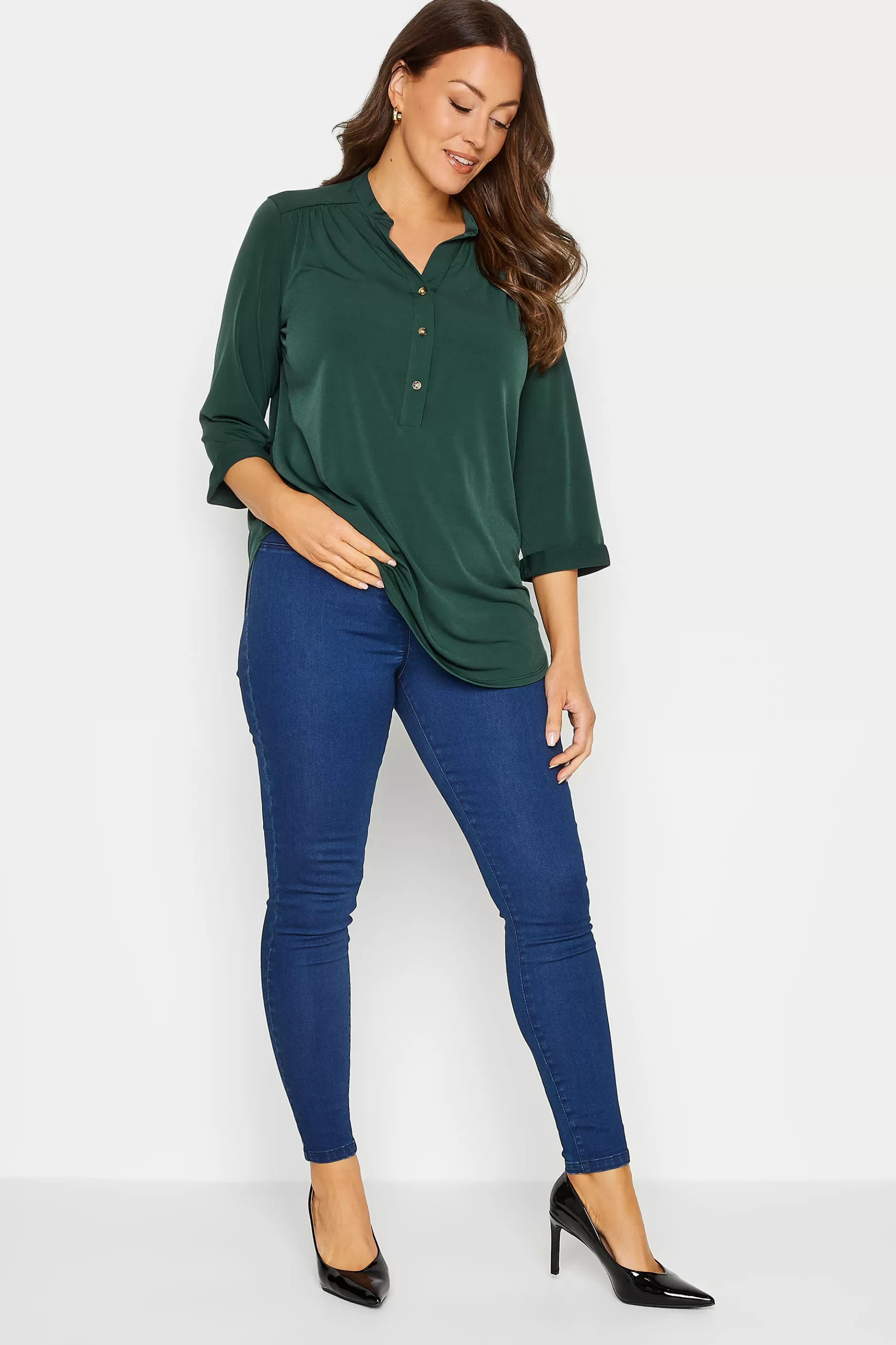 Women M&Co Shirts> Womens Green Half Placket Jersey Shirt