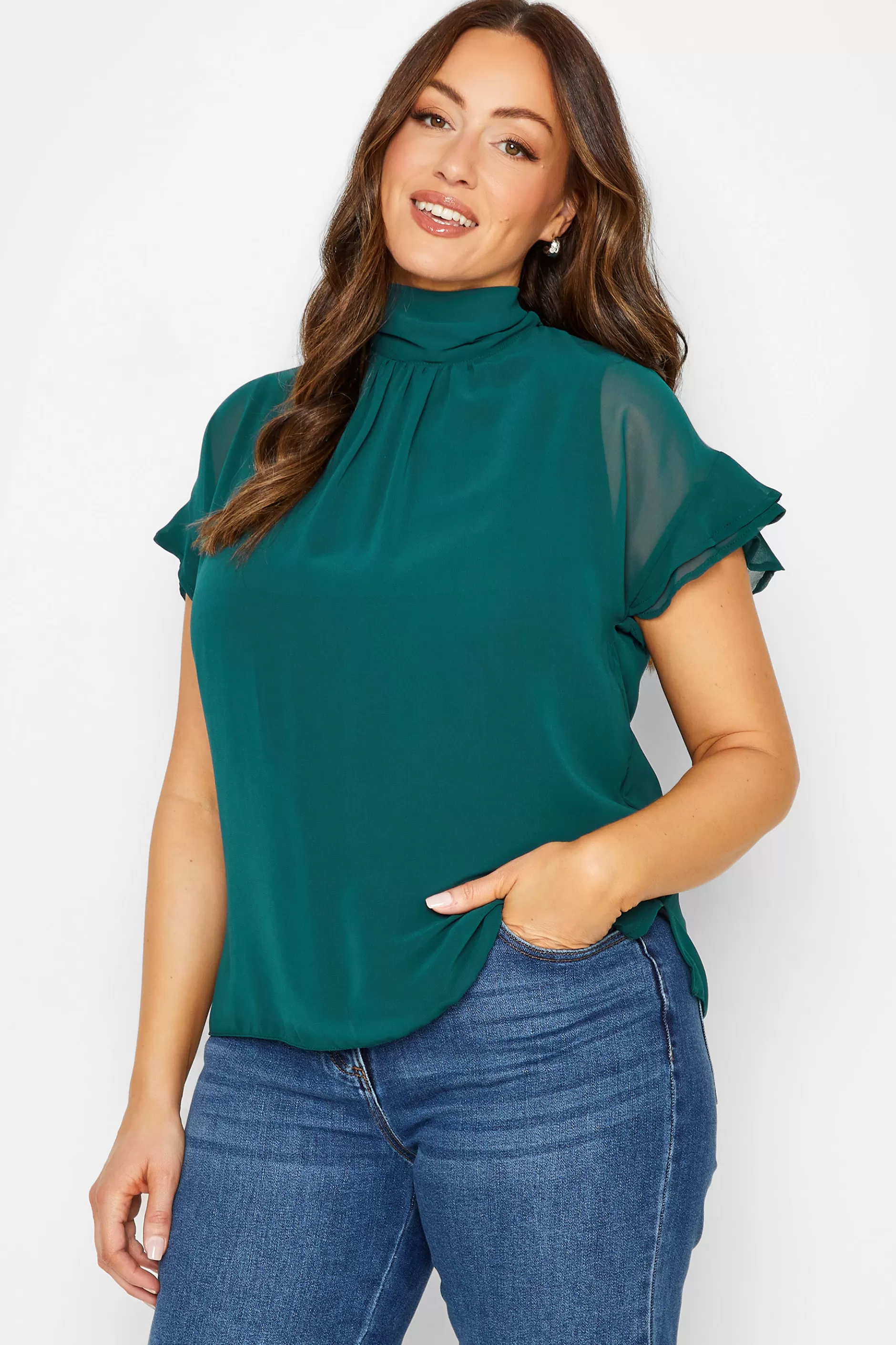 Women M&Co Short Sleeve Tops> Womens Green High Neck Frill Sleeve Blouse