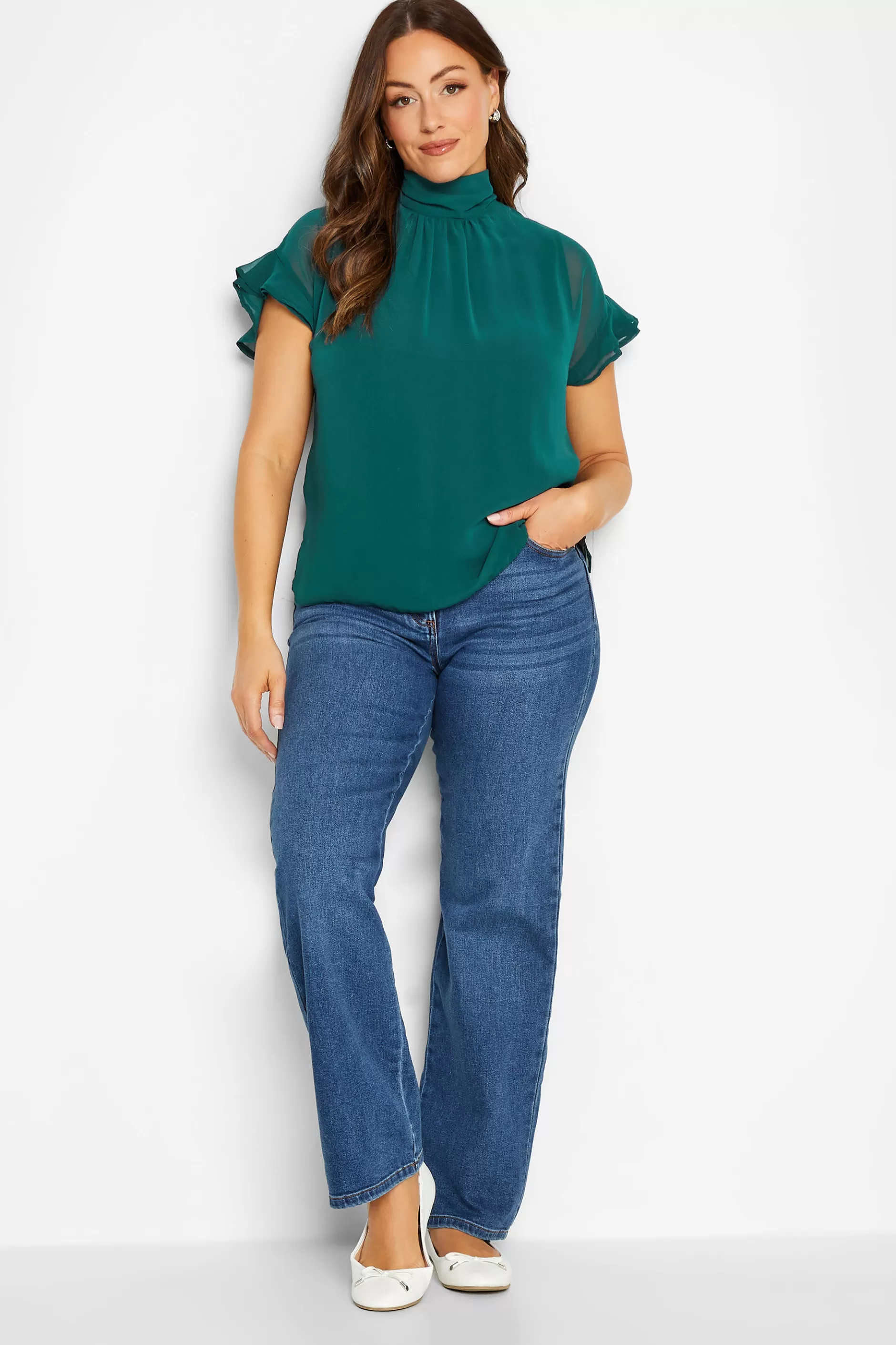 Women M&Co Short Sleeve Tops> Womens Green High Neck Frill Sleeve Blouse