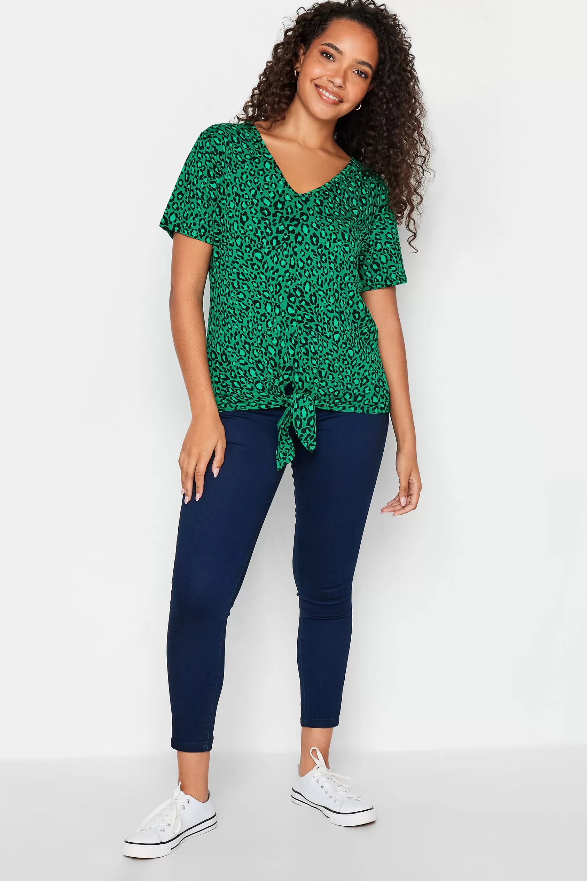 Women M&Co T-Shirts> Womens Green Leopard Print Tie Detail T-Shirt