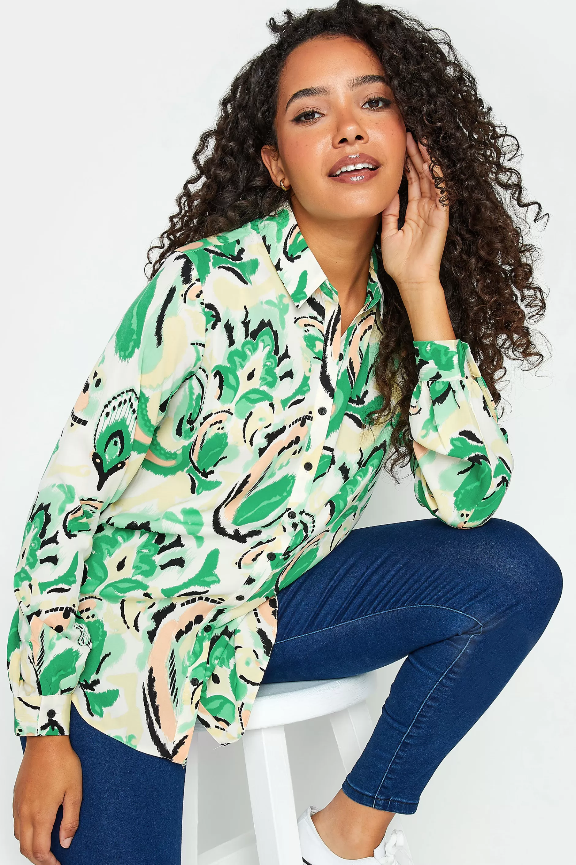 Women M&Co Shirts> Womens Green Paisley Print Long Sleeve Shirt