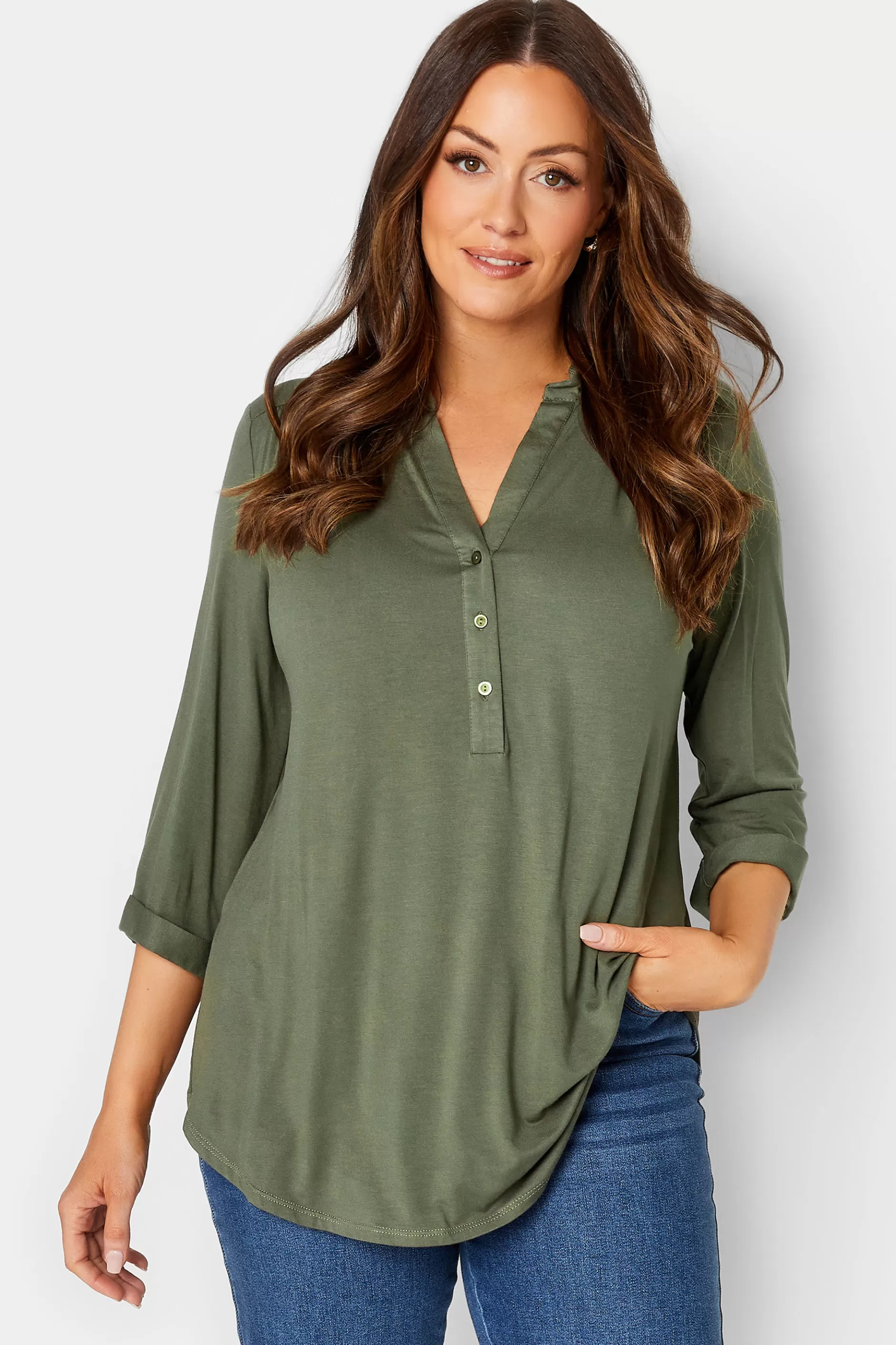 Women M&Co Shirts> Womens Green Placket Jersey Shirt