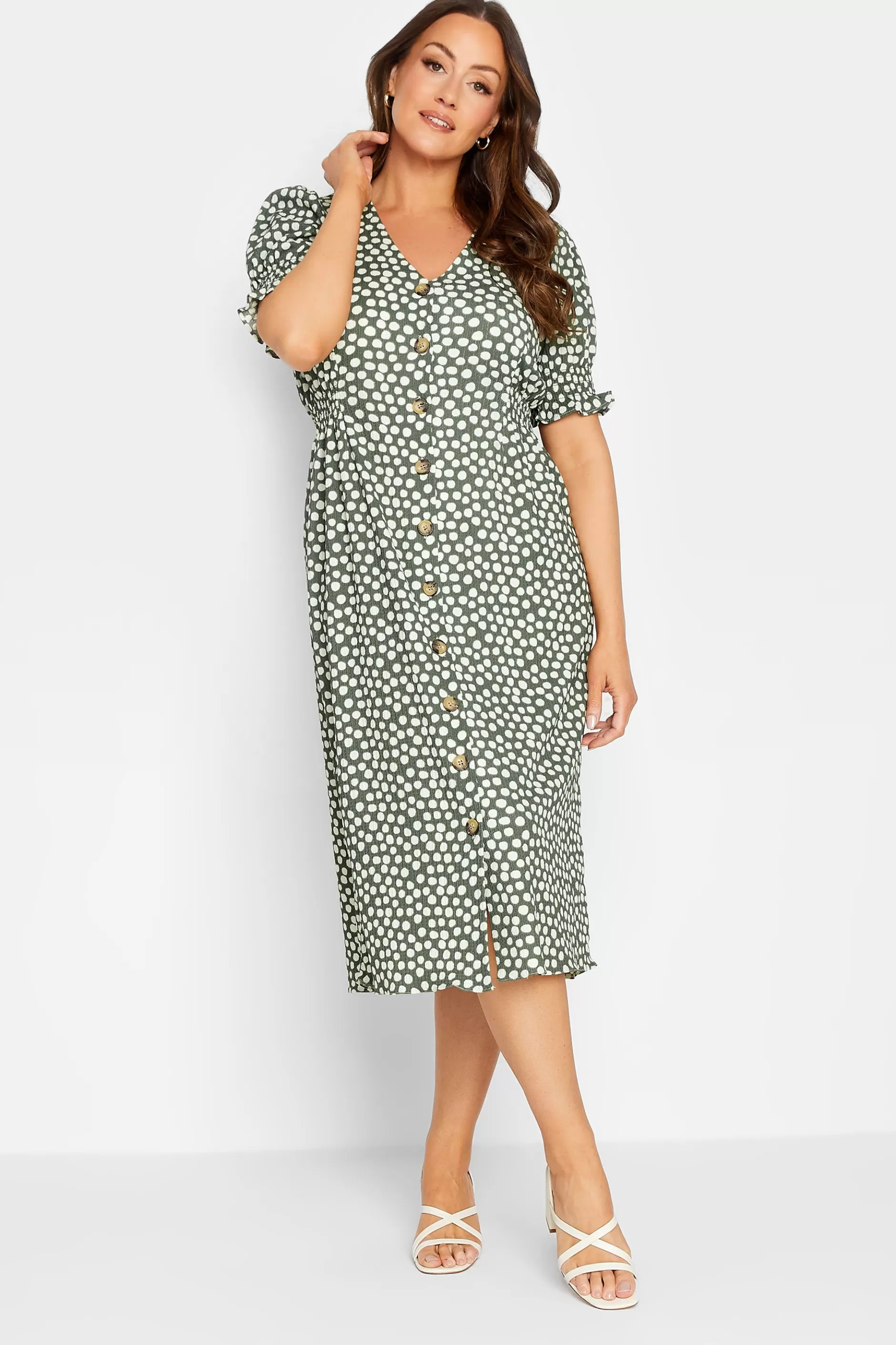 Women M&Co Wedding Guest Dresses> Womens Green Polka Dot Button Through Dress