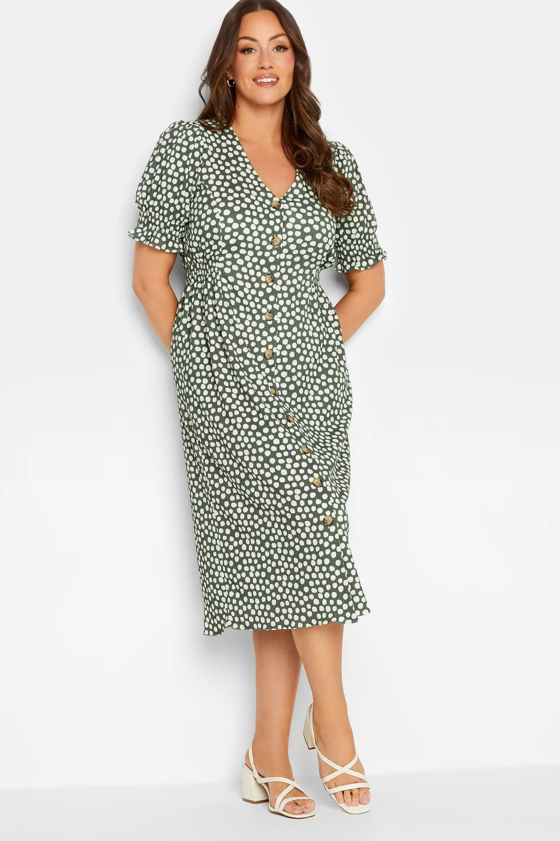 Women M&Co Wedding Guest Dresses> Womens Green Polka Dot Button Through Dress