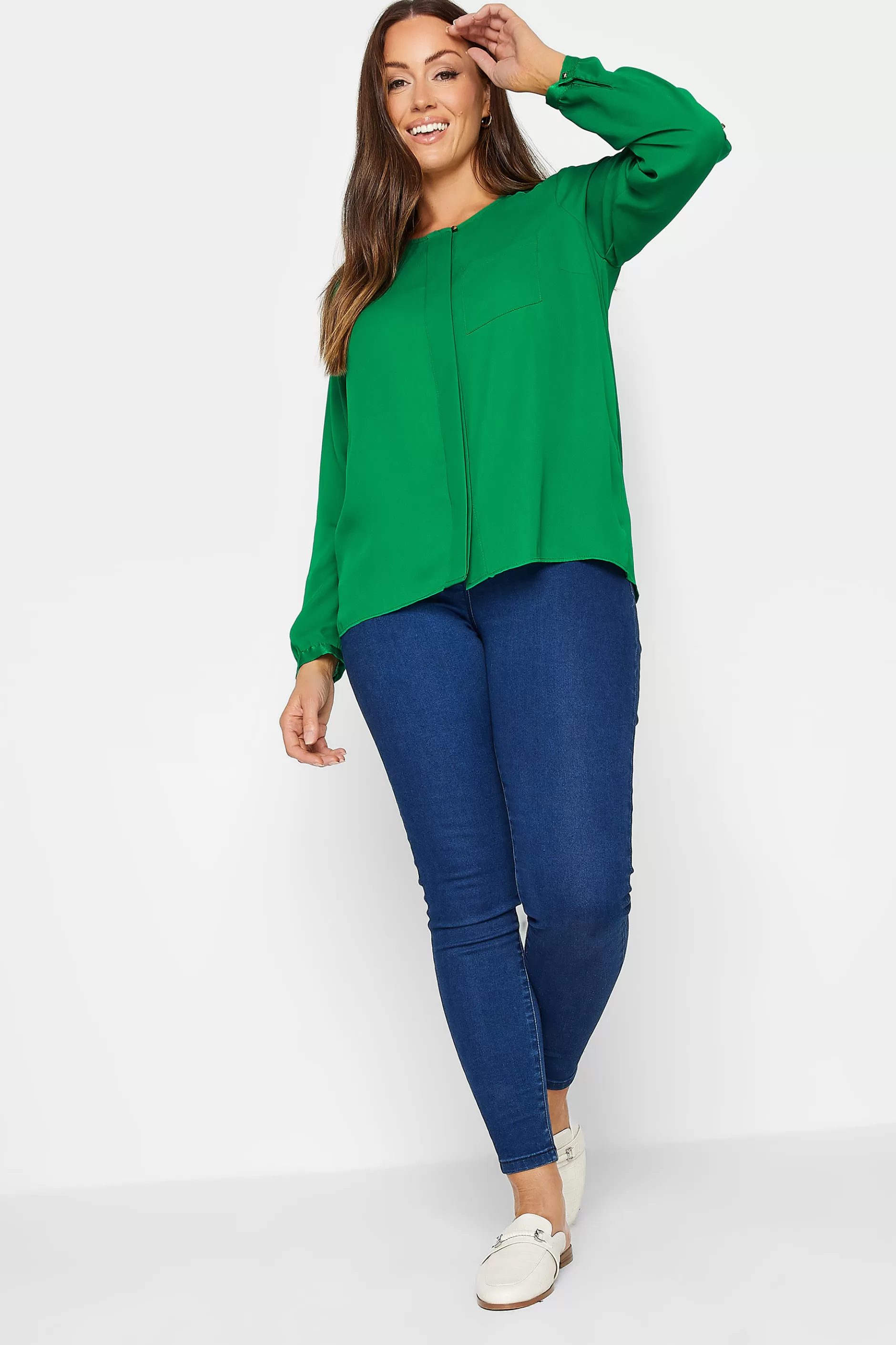 Women M&Co Shirts> Womens Green Satin Contrast Panel Shirt