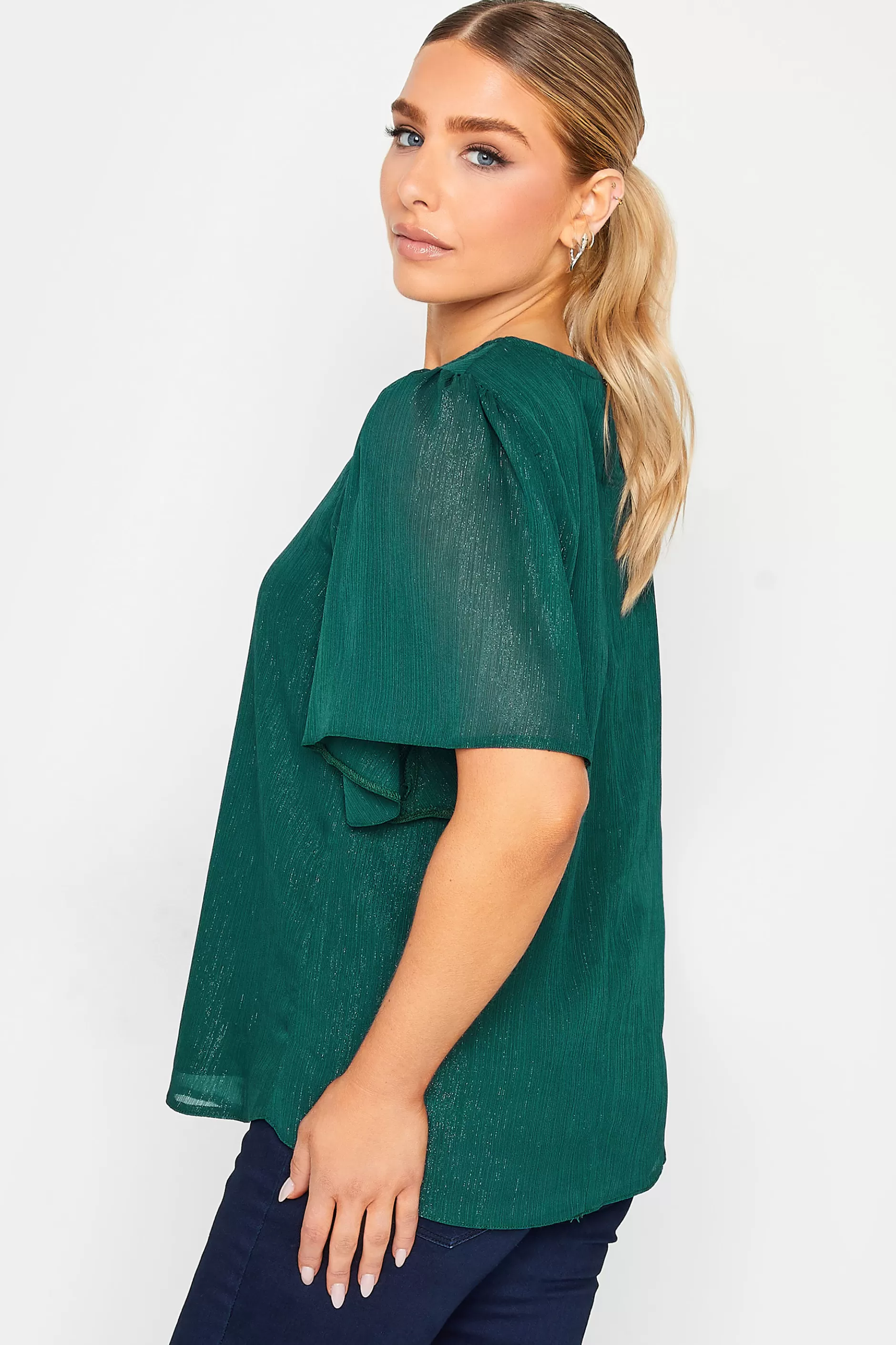 Women M&Co Blouses> Womens Green Shimmer Angel Sleeve Blouse