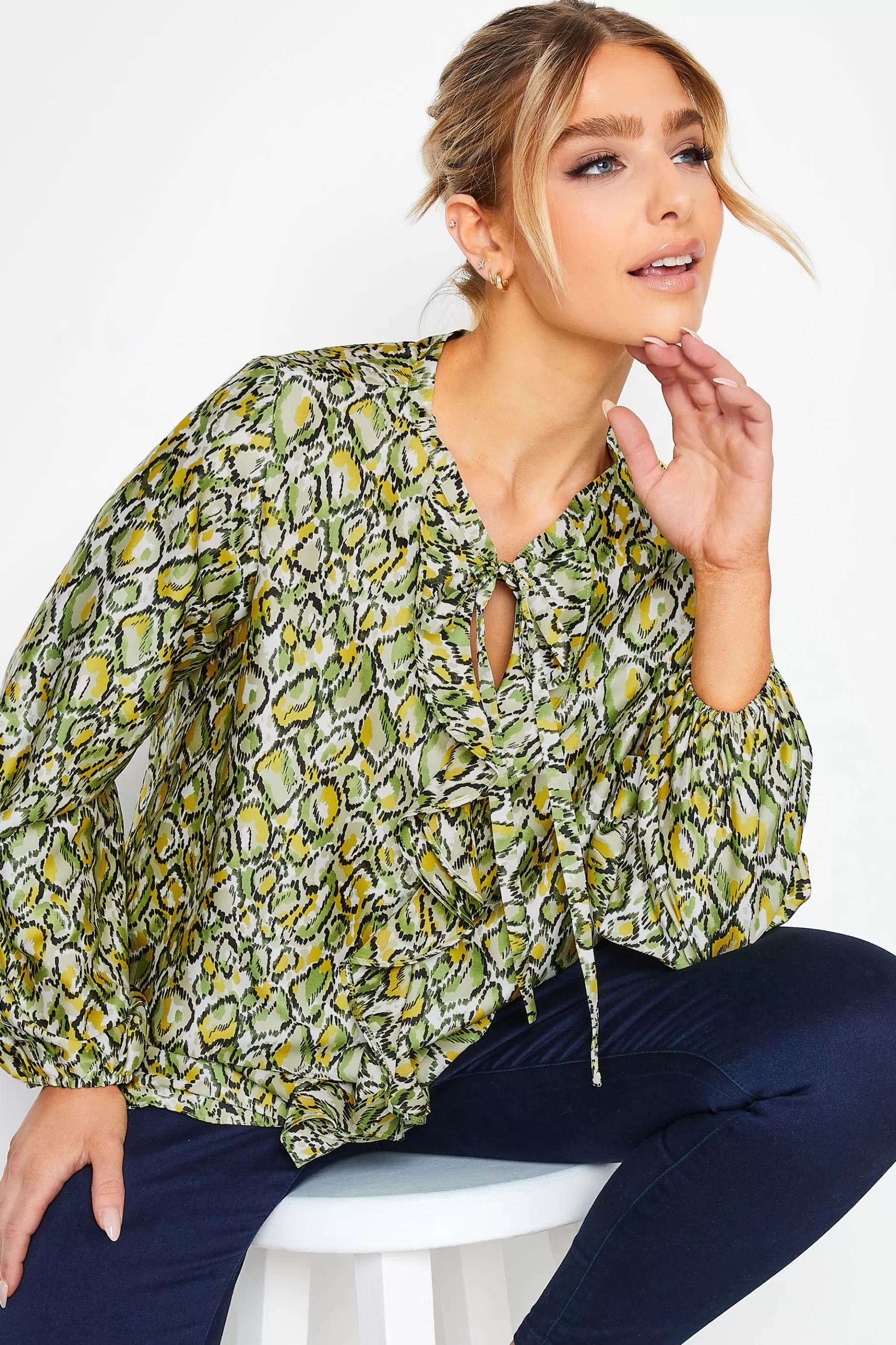 Women M&Co Long Sleeve Tops> Womens Green Snake Print Tie Neck Blouse