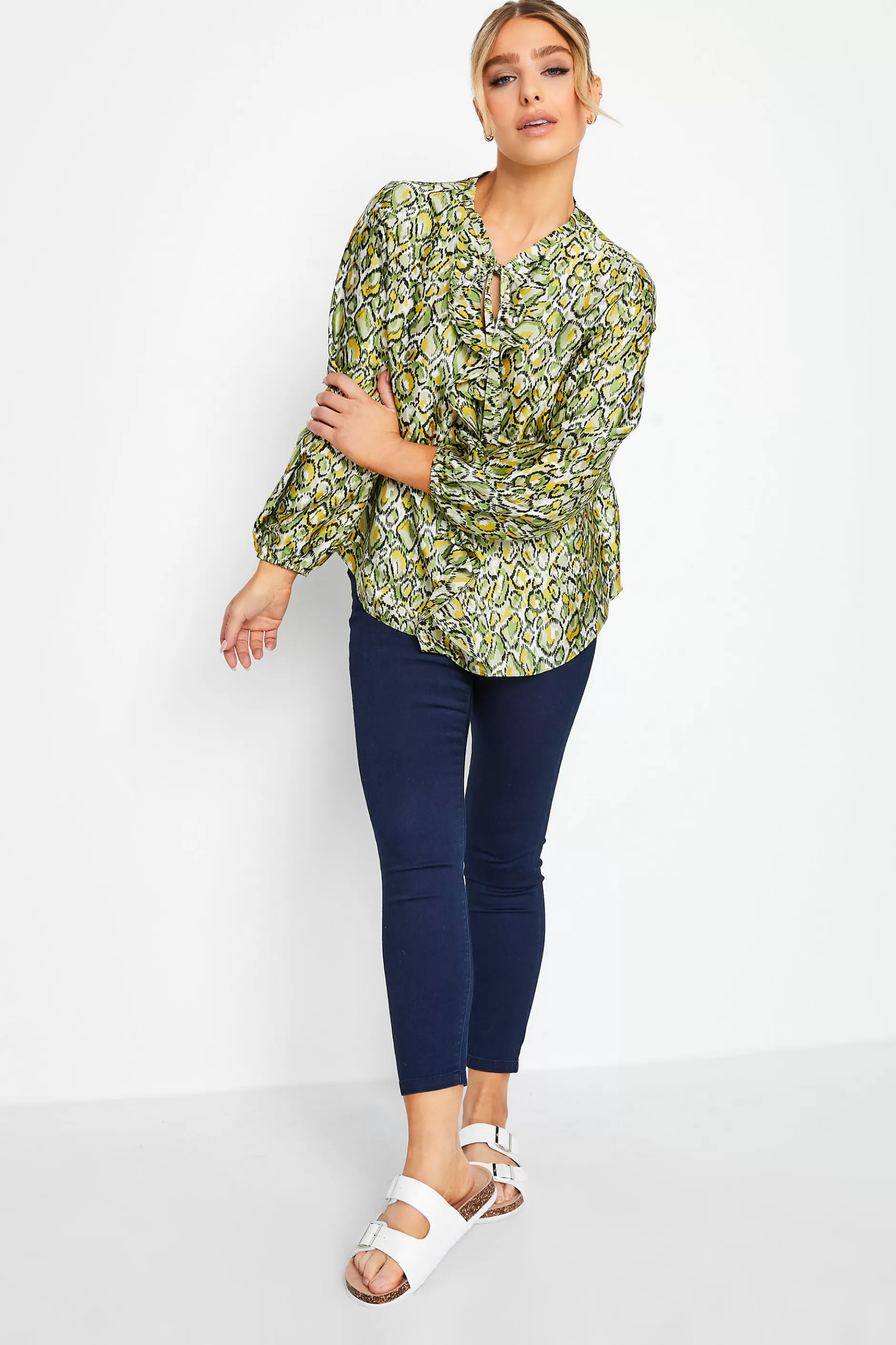 Women M&Co Long Sleeve Tops> Womens Green Snake Print Tie Neck Blouse