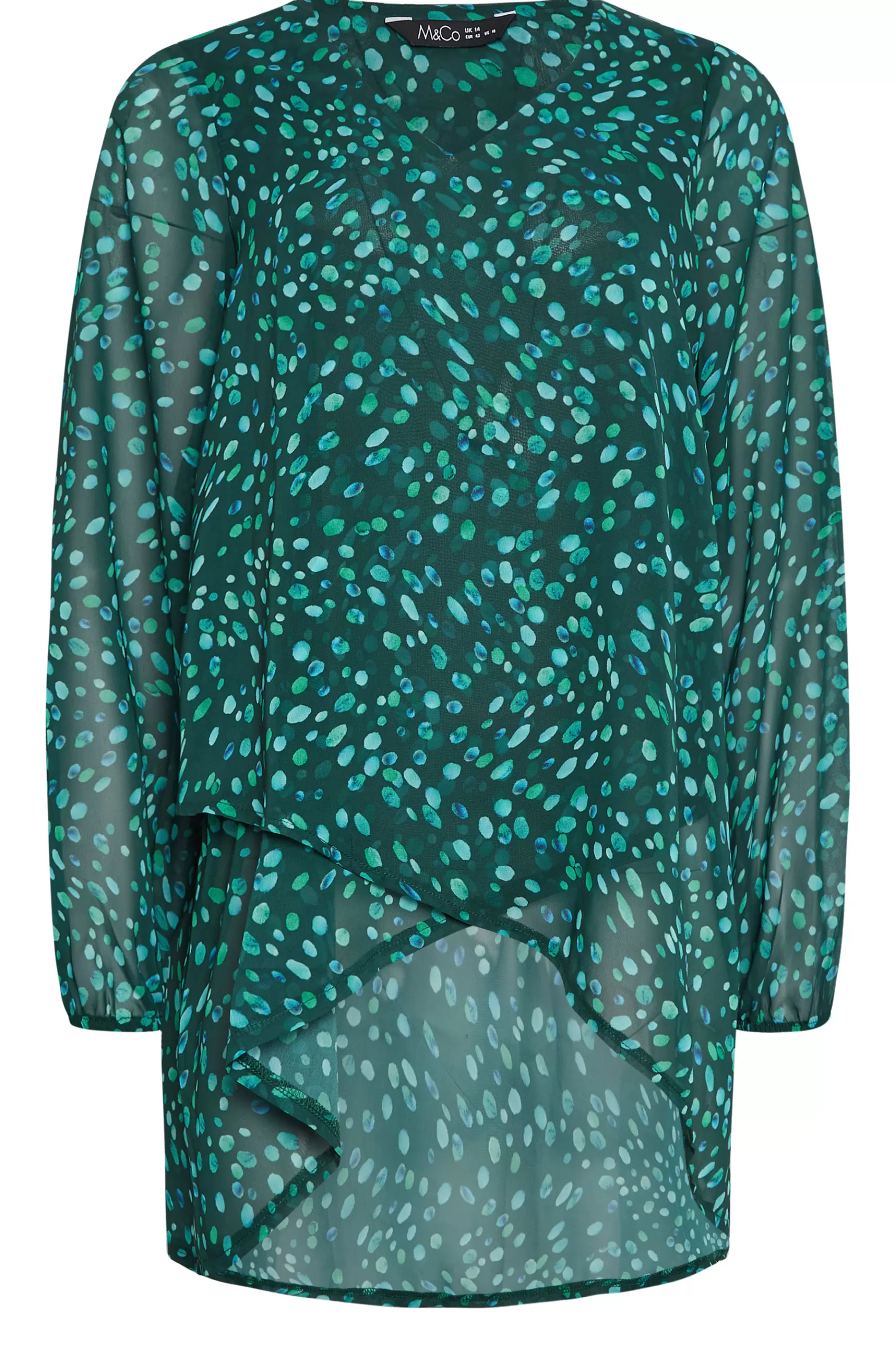 Women M&Co Long Sleeve Tops> Womens Green Spot Print Wrap Blouse