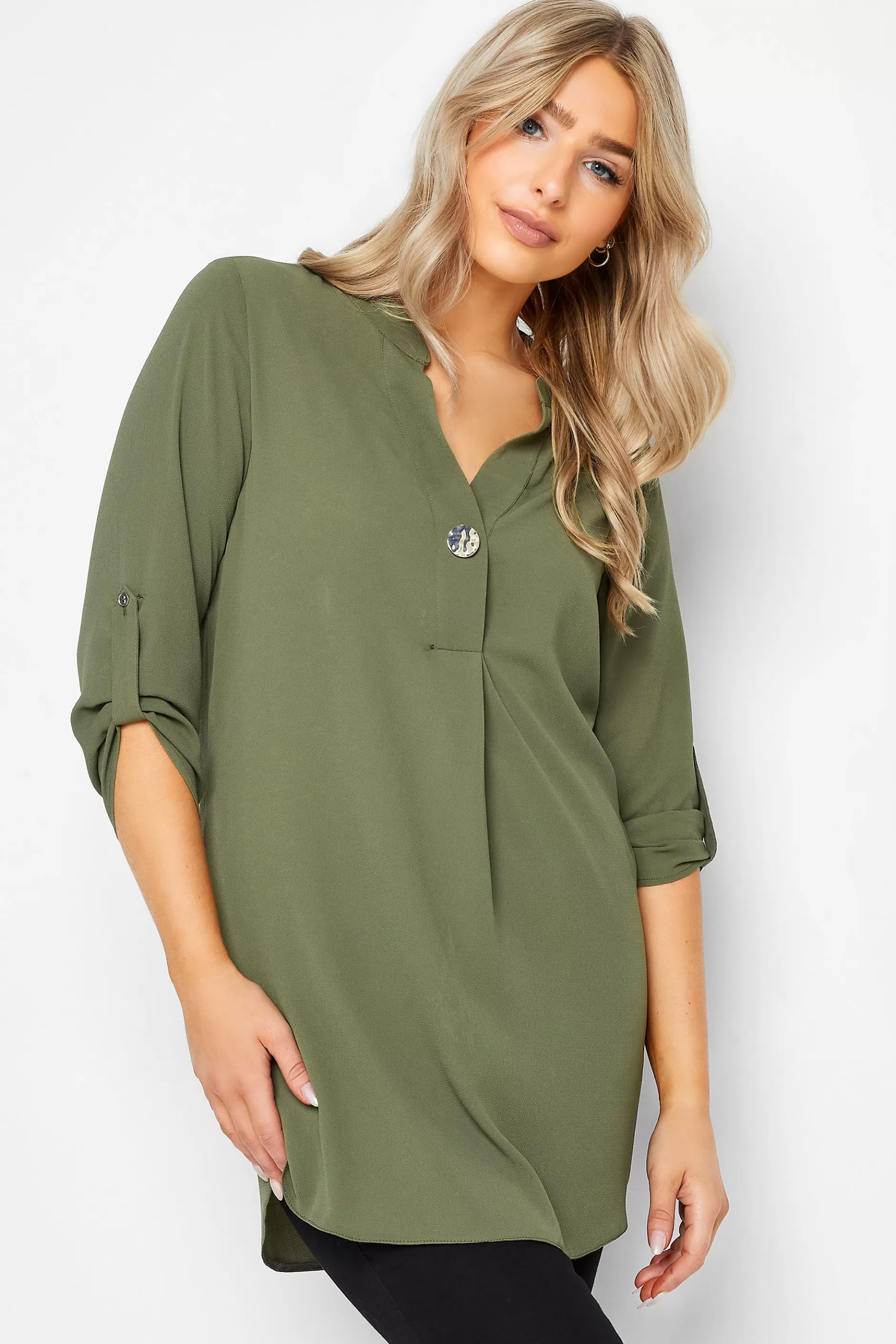 Women M&Co Shirts> Womens Green Statement Button Tab Sleeve Shirt