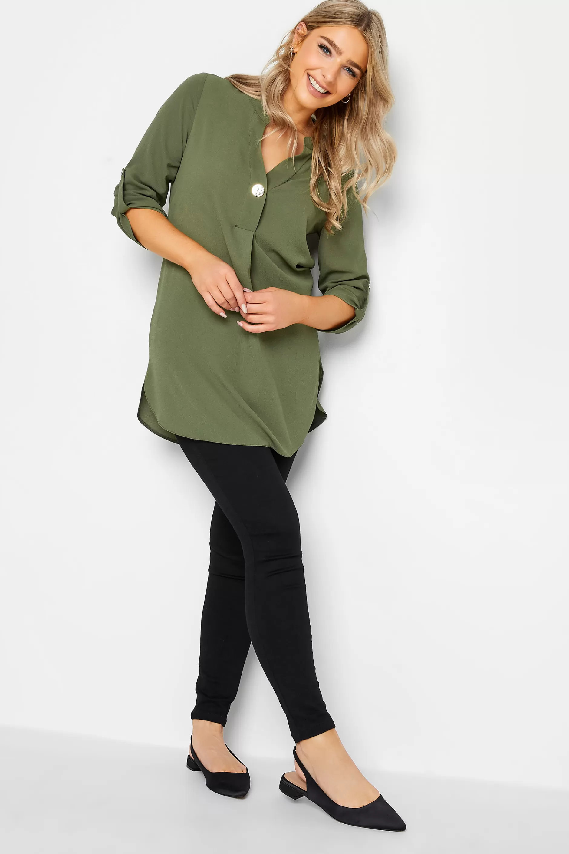 Women M&Co Shirts> Womens Green Statement Button Tab Sleeve Shirt