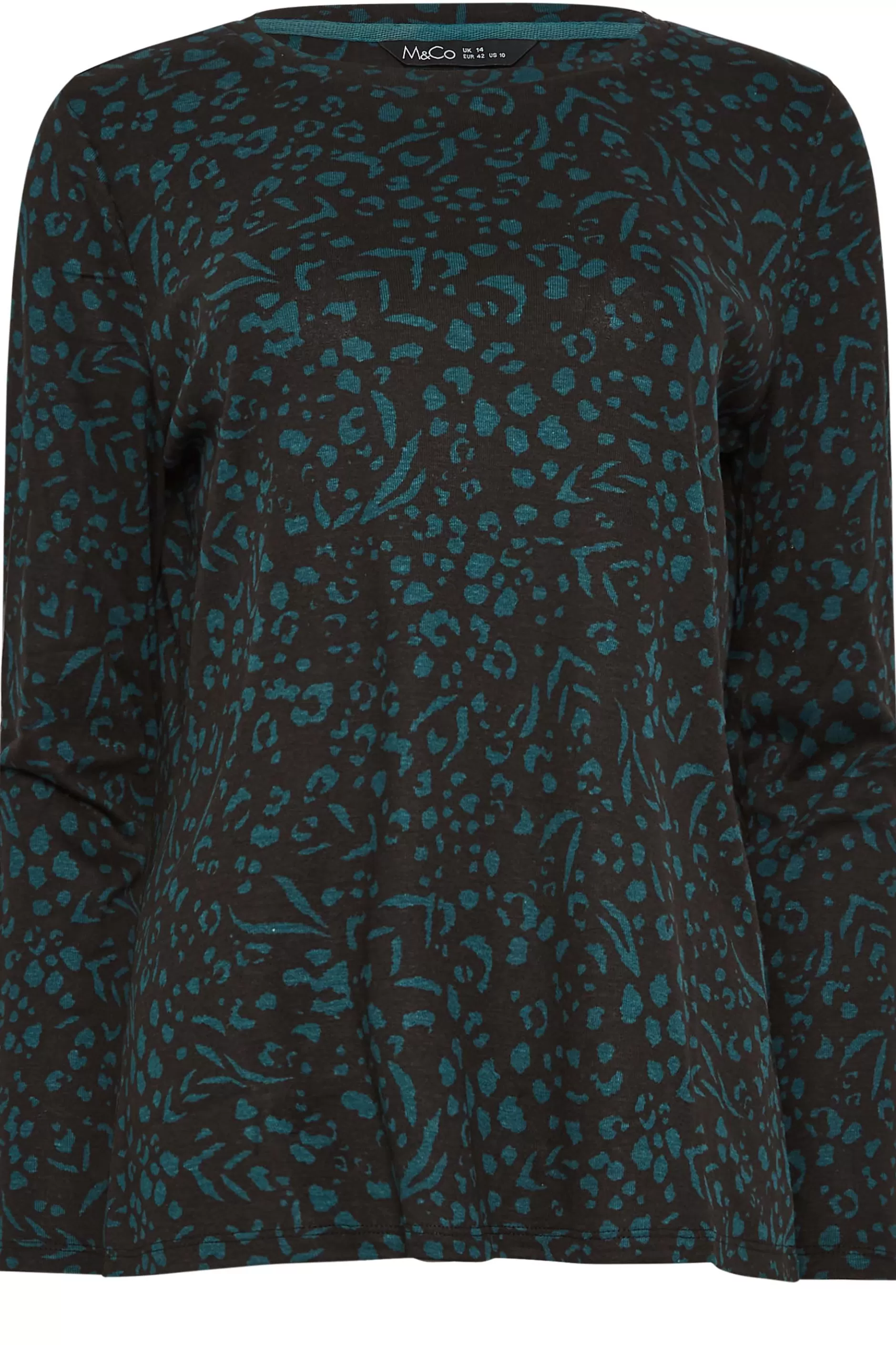 Women M&Co Long Sleeve Tops> Womens Green Teal Animal Print Long Sleeve Cotton Top