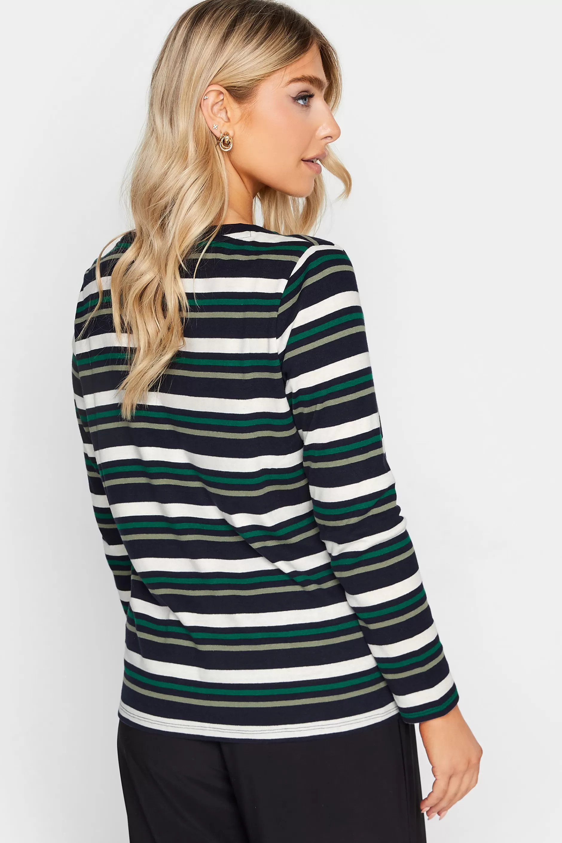 Women M&Co Long Sleeve Tops> Womens Green Teal Stripe Cotton Blend Long Sleeve Top
