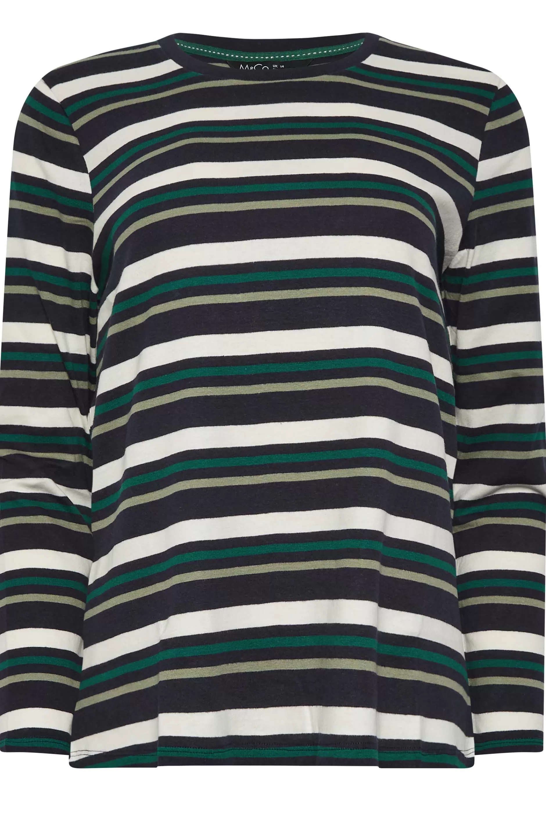 Women M&Co Long Sleeve Tops> Womens Green Teal Stripe Cotton Blend Long Sleeve Top