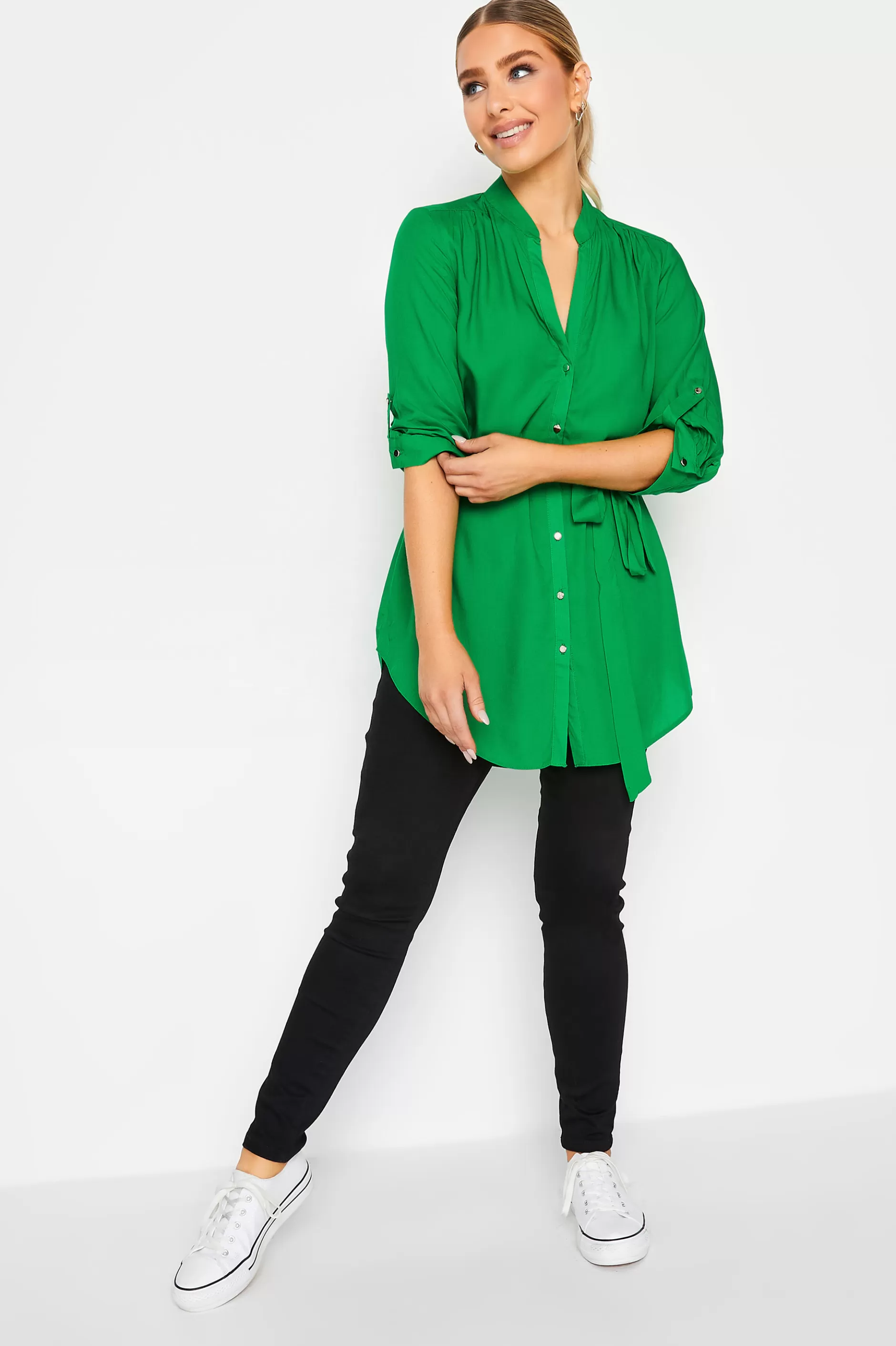 Women M&Co Shirts> Womens Green Tie Waist Blouse