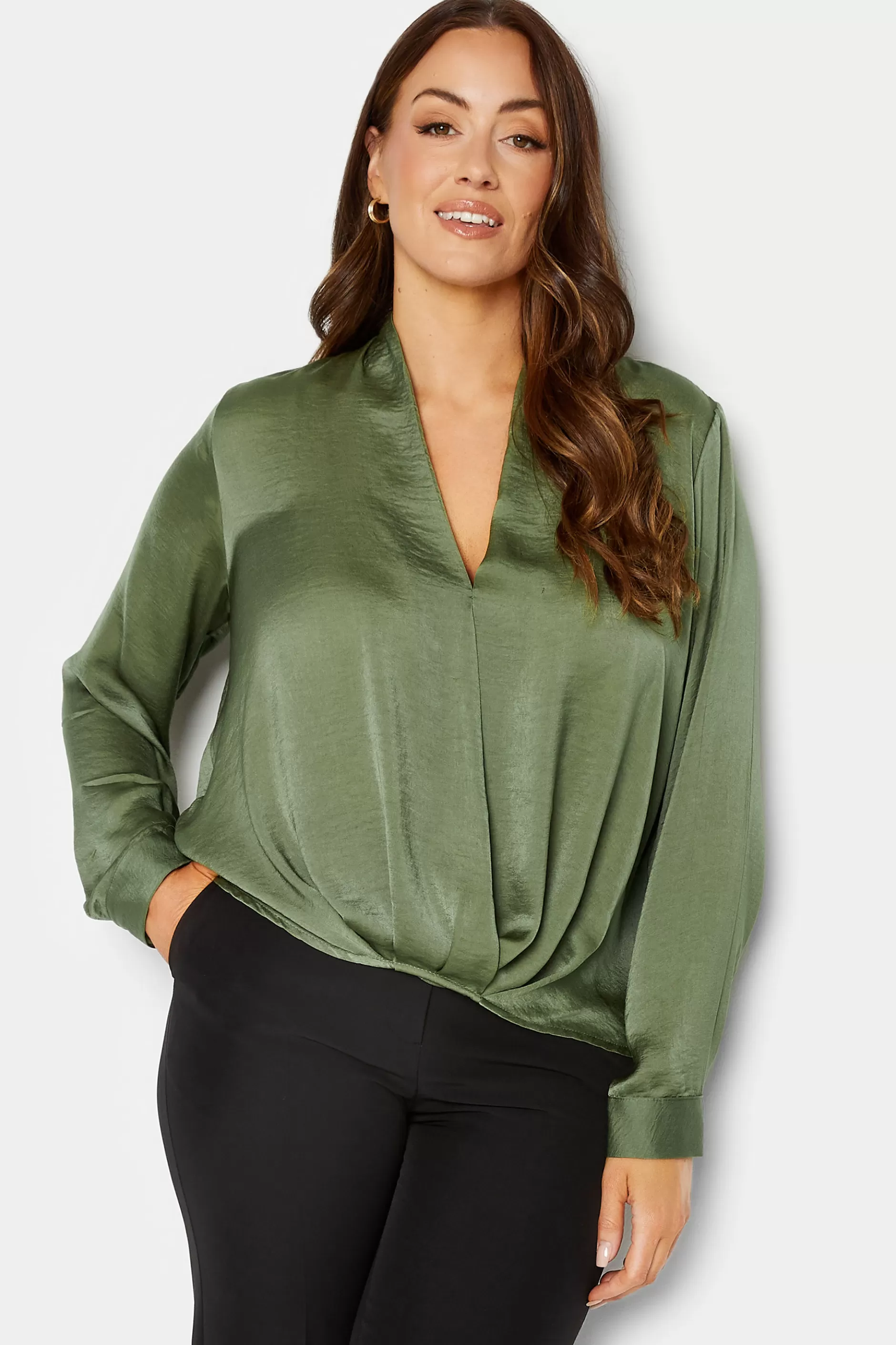 Women M&Co Long Sleeve Tops> Womens Green Wrap Front Blouse