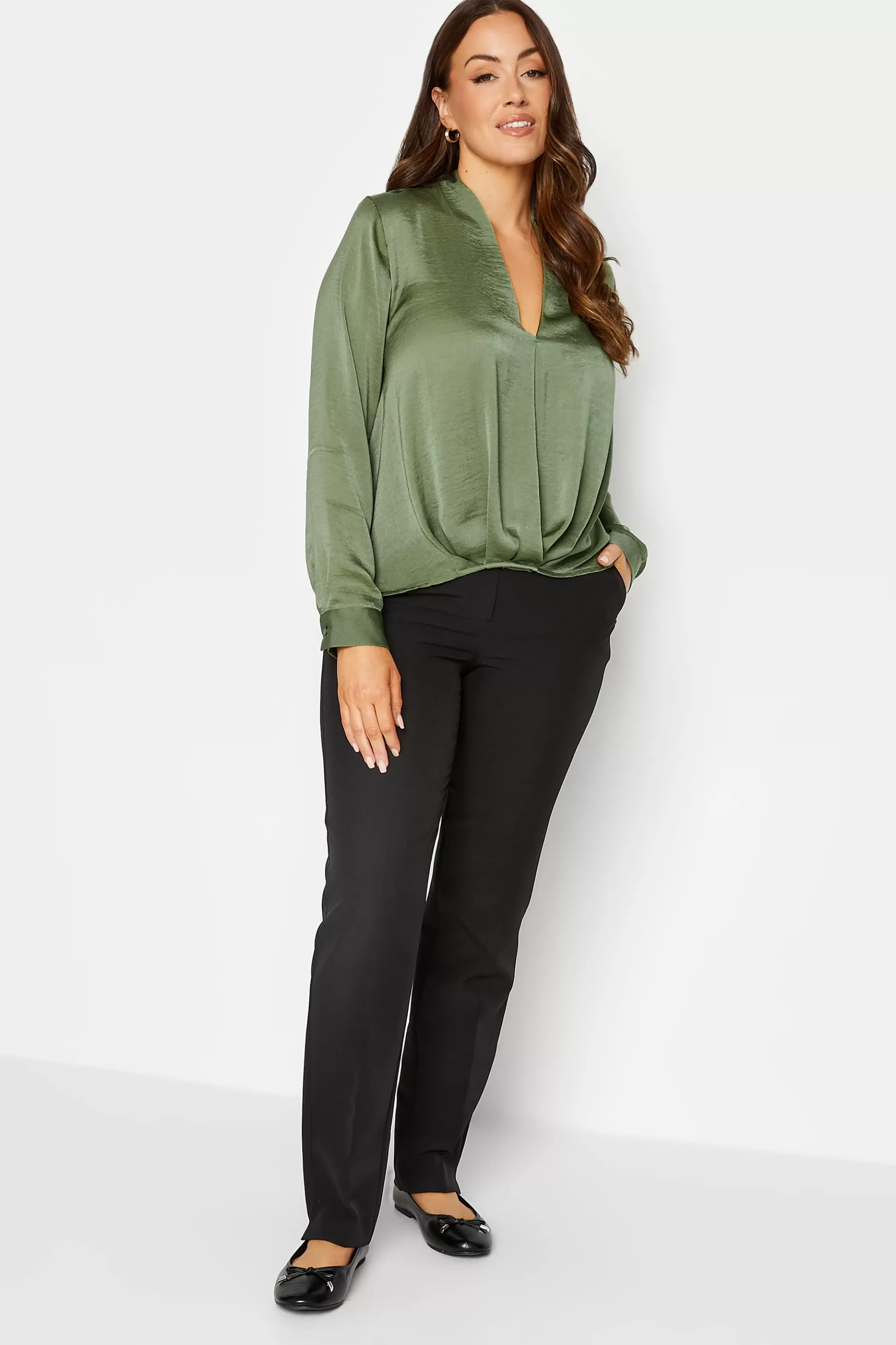 Women M&Co Long Sleeve Tops> Womens Green Wrap Front Blouse