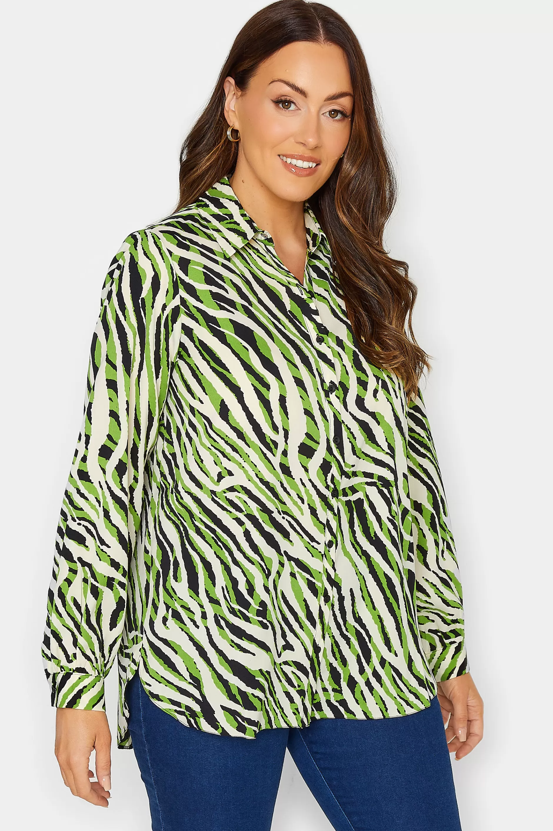 Women M&Co Shirts> Womens Green Zebra Print Long Sleeve Shirt