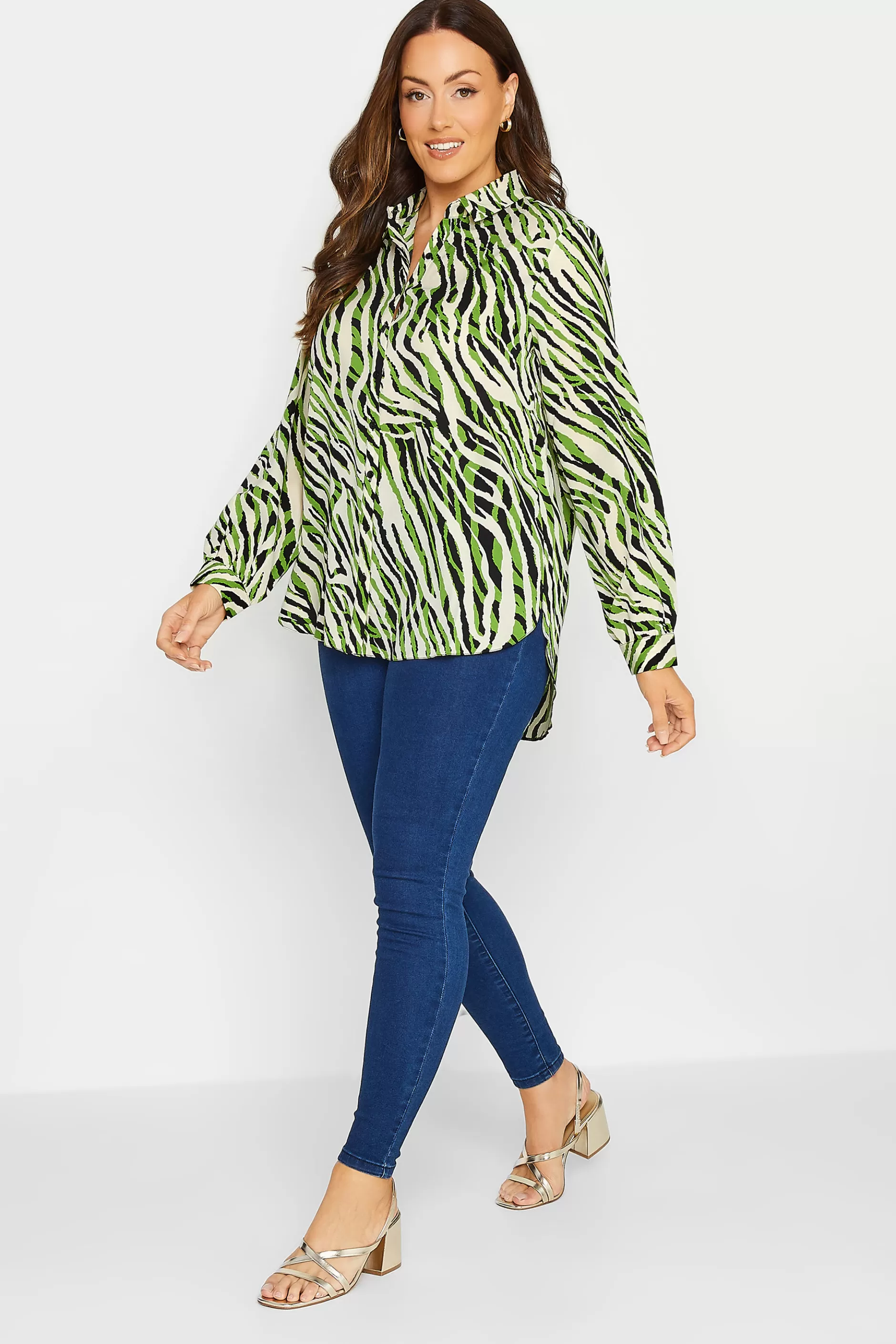 Women M&Co Shirts> Womens Green Zebra Print Long Sleeve Shirt