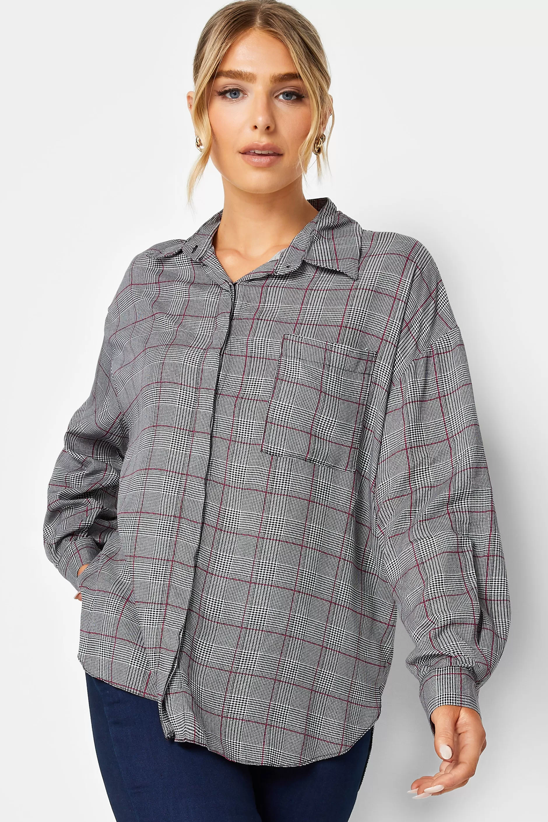 Women M&Co Shirts> Womens Grey Check Half Placket Shirt