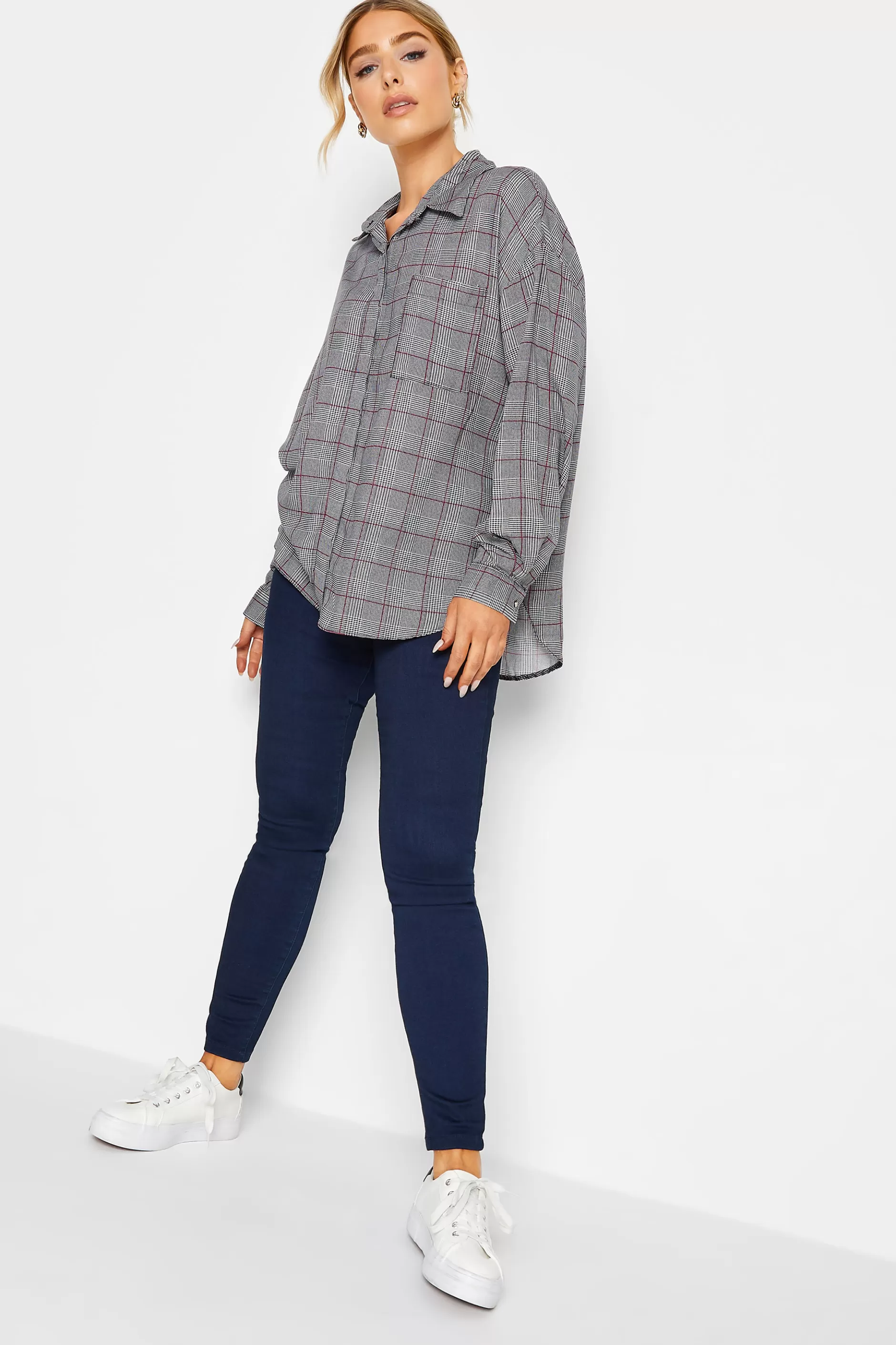 Women M&Co Shirts> Womens Grey Check Half Placket Shirt