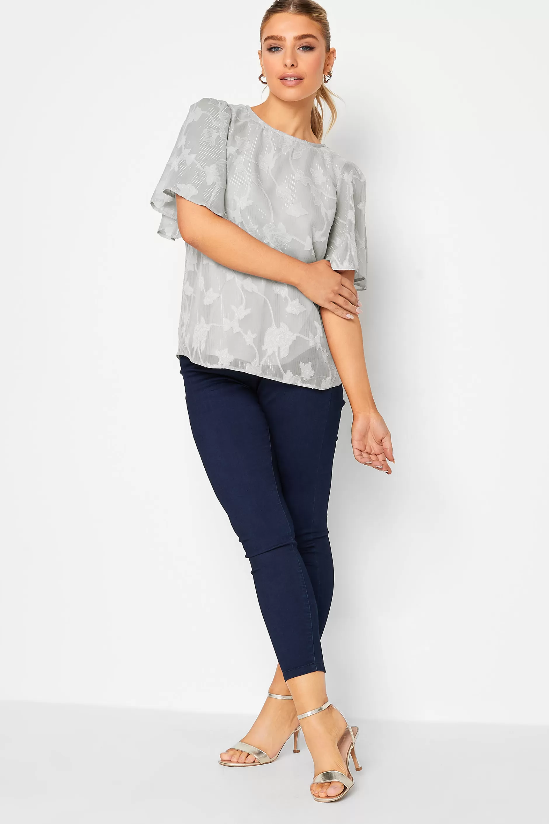 Women M&Co Blouses> Womens Grey Floral Shimmer Angel Sleeve Blouse