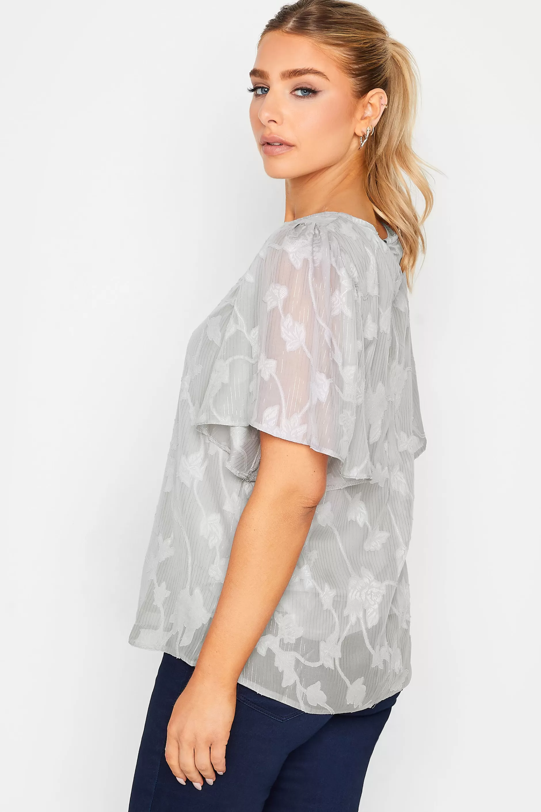 Women M&Co Blouses> Womens Grey Floral Shimmer Angel Sleeve Blouse
