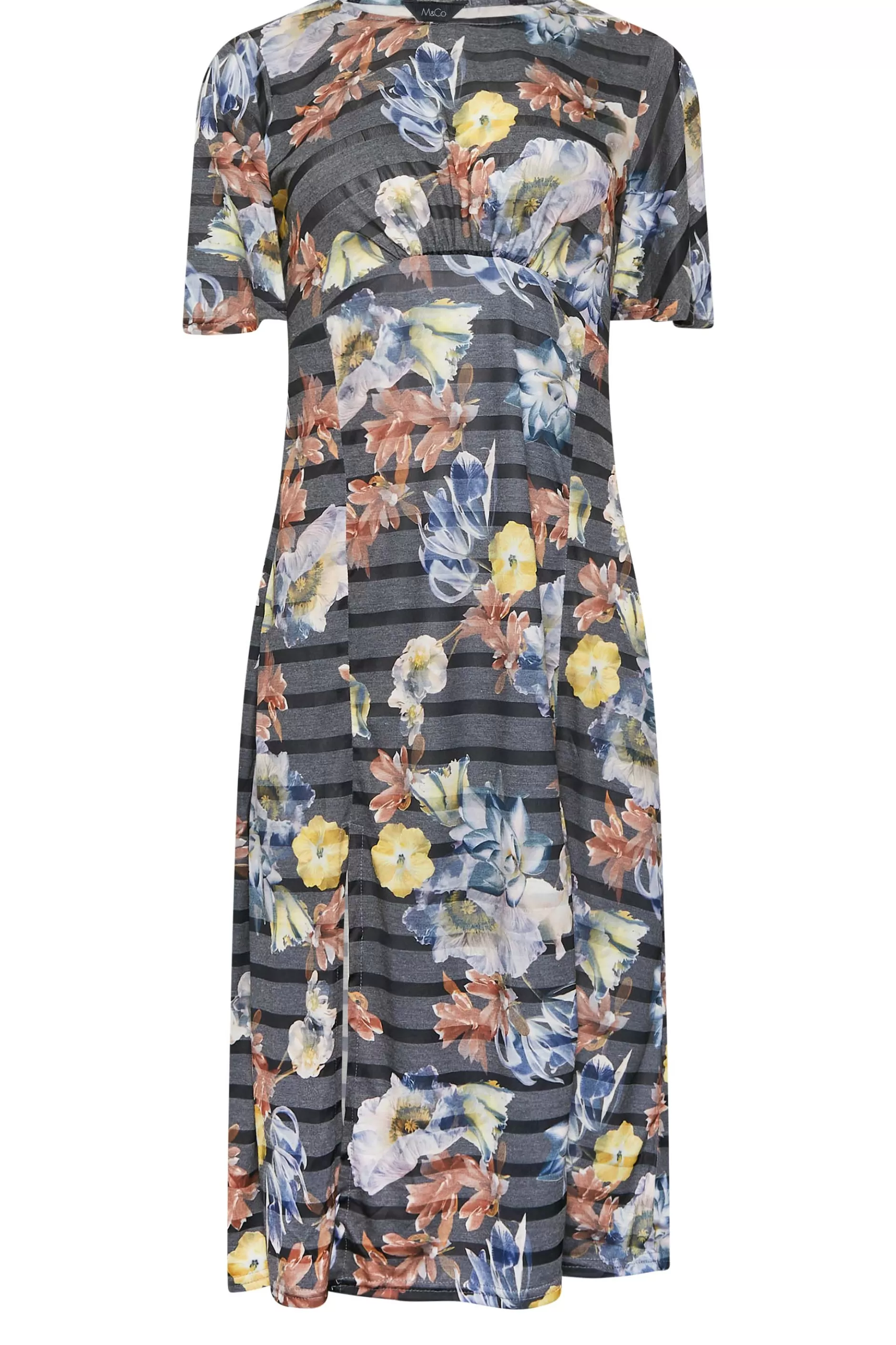 Women M&Co Midi Dresses> Womens Grey Floral Stripe Angel Sleeve Split Hem Midi Dress