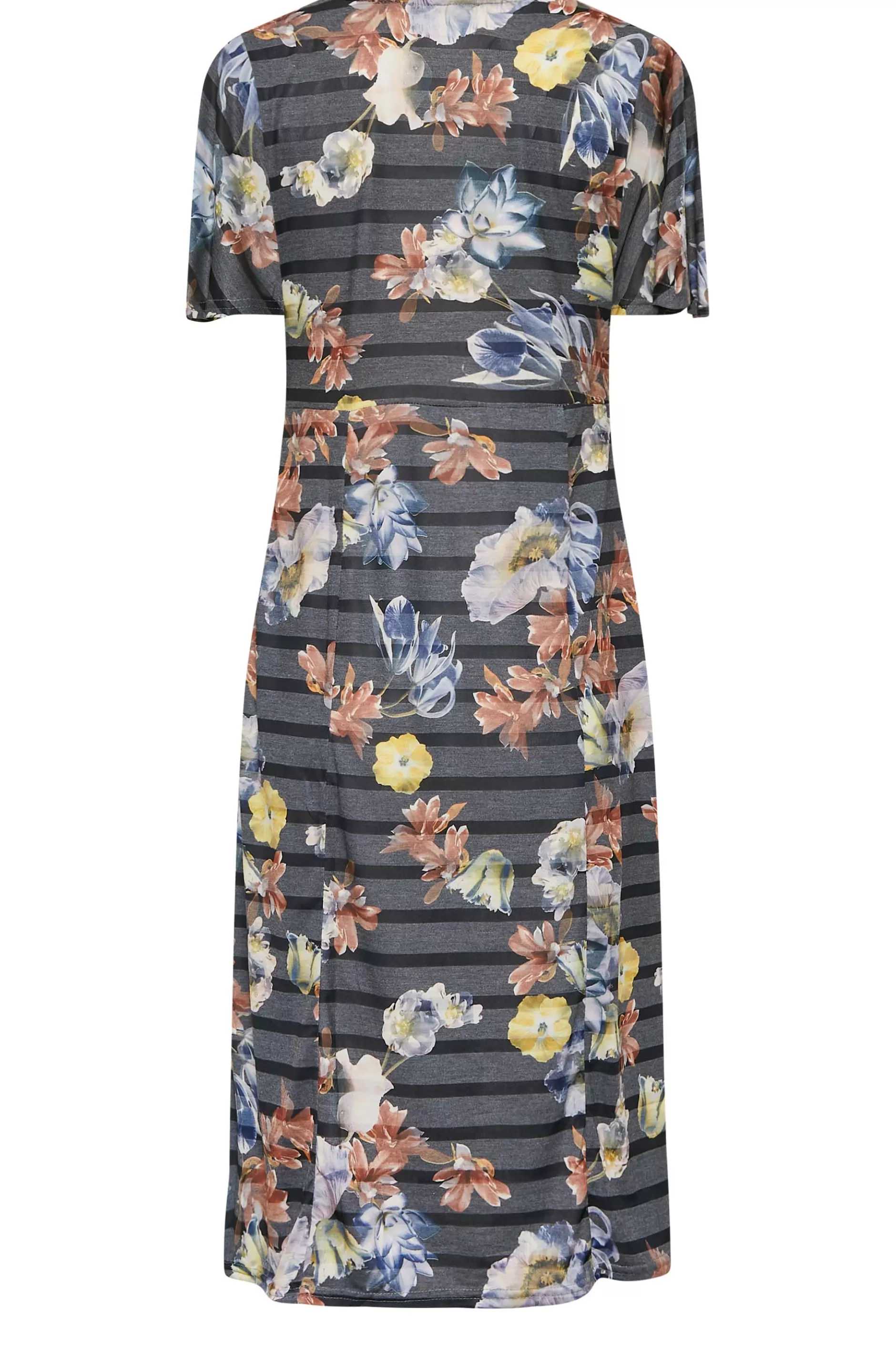 Women M&Co Midi Dresses> Womens Grey Floral Stripe Angel Sleeve Split Hem Midi Dress