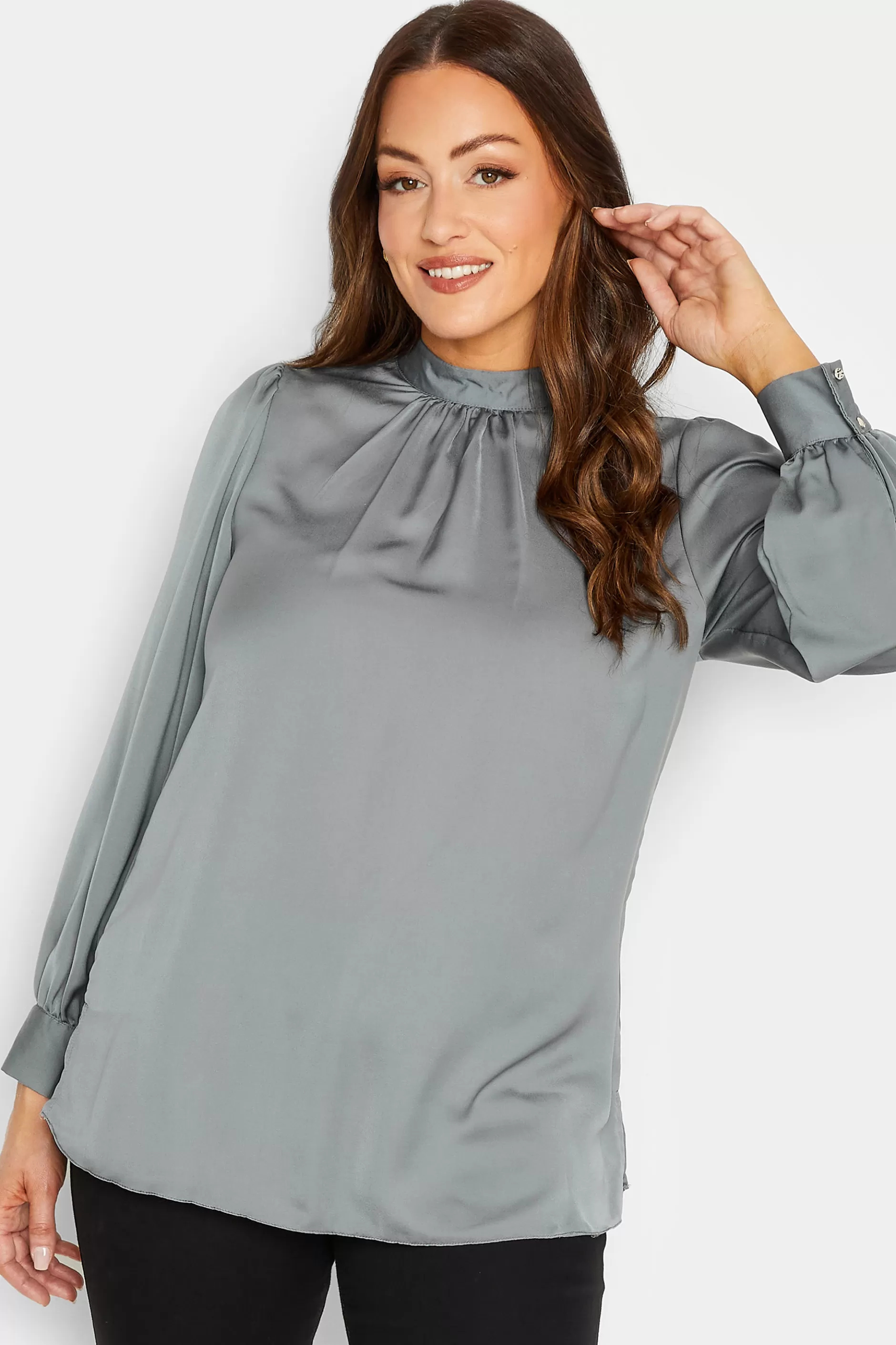 Women M&Co Blouses> Womens Grey Satin Blouse