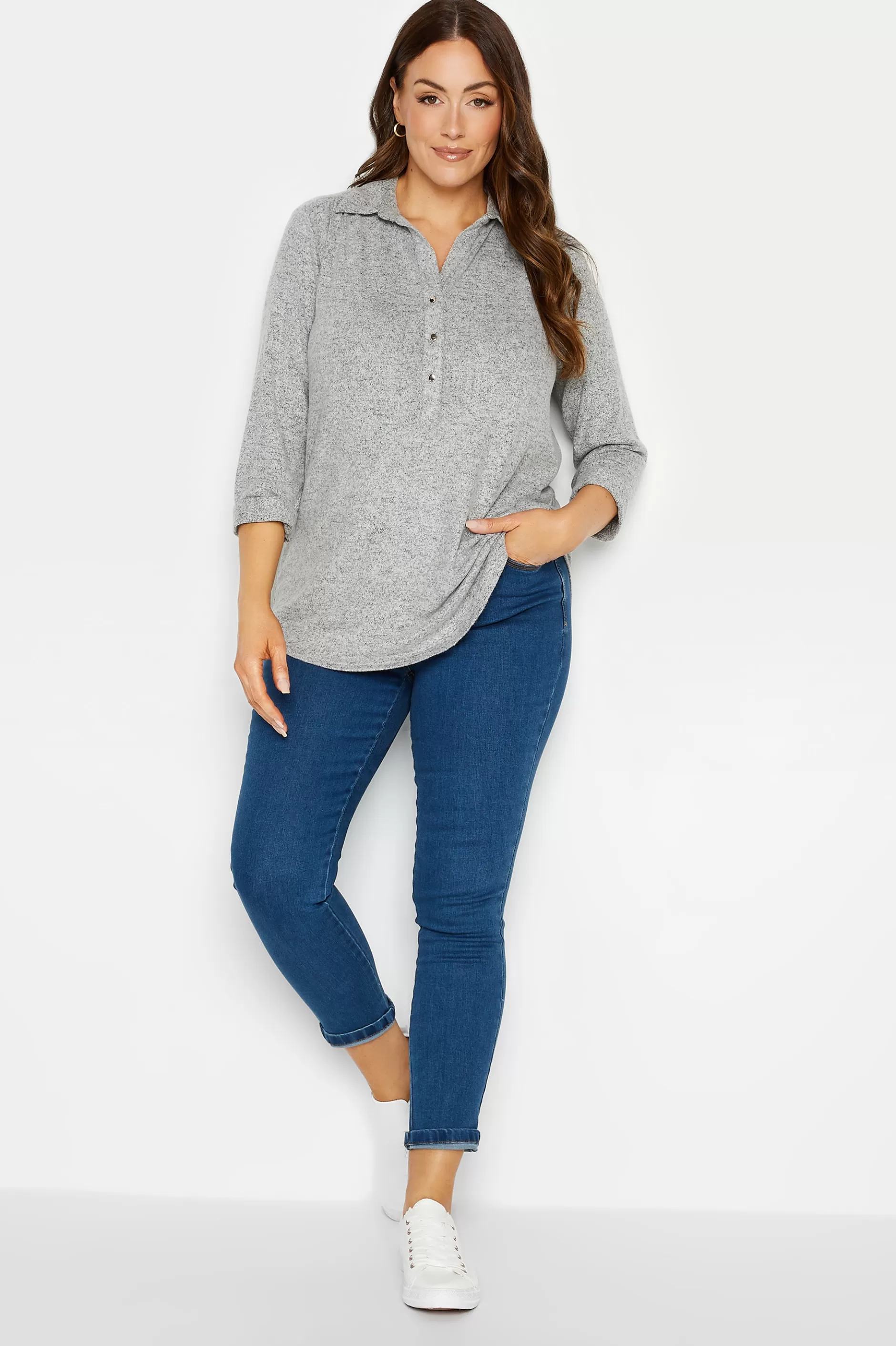 Women M&Co Blouses> Womens Grey Soft Touch Half Placket Jersey Shirt