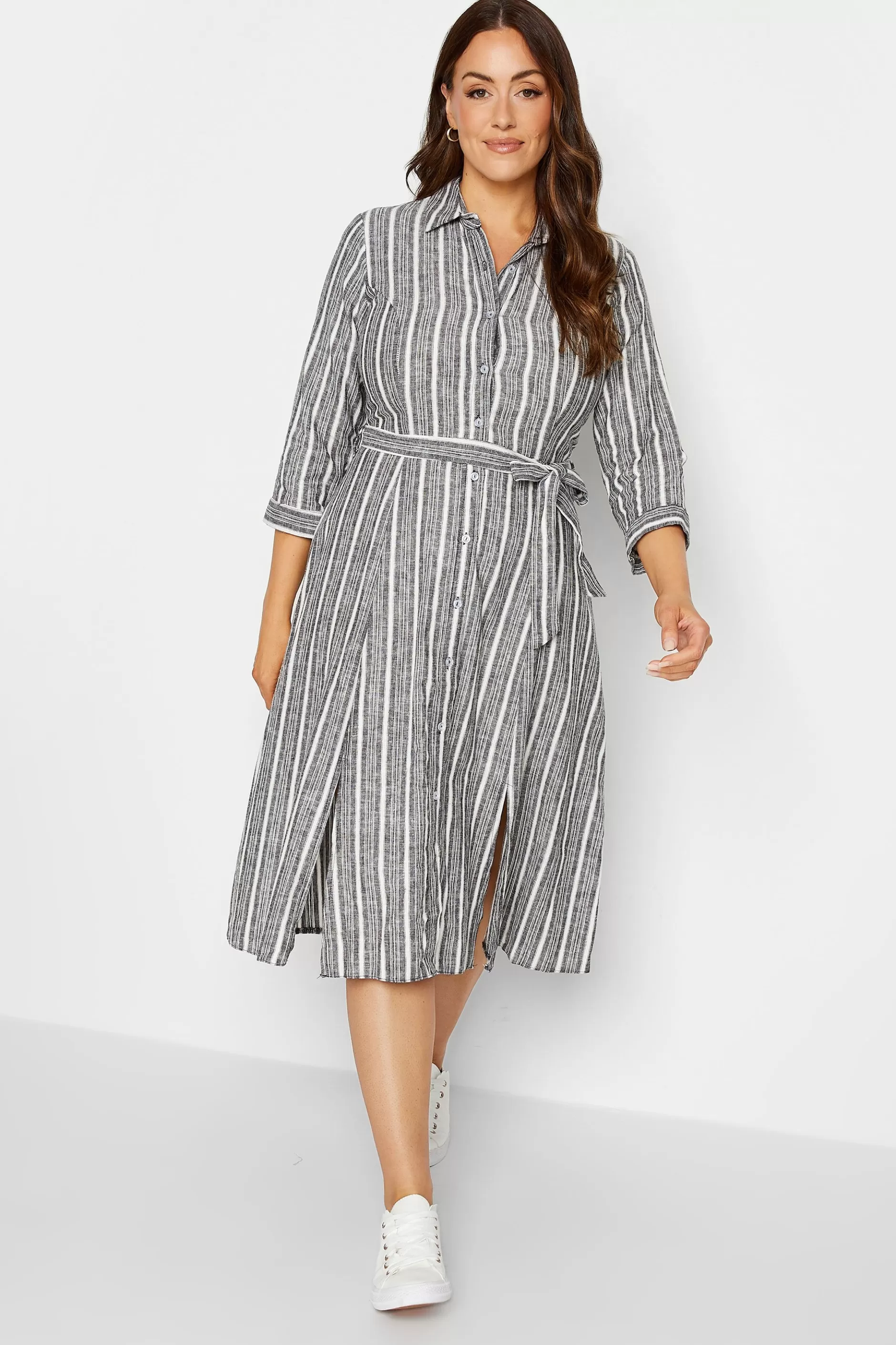 Women M&Co Shirt Dresses> Womens Grey Stripe Button Through Tie Waist Cotton Dress