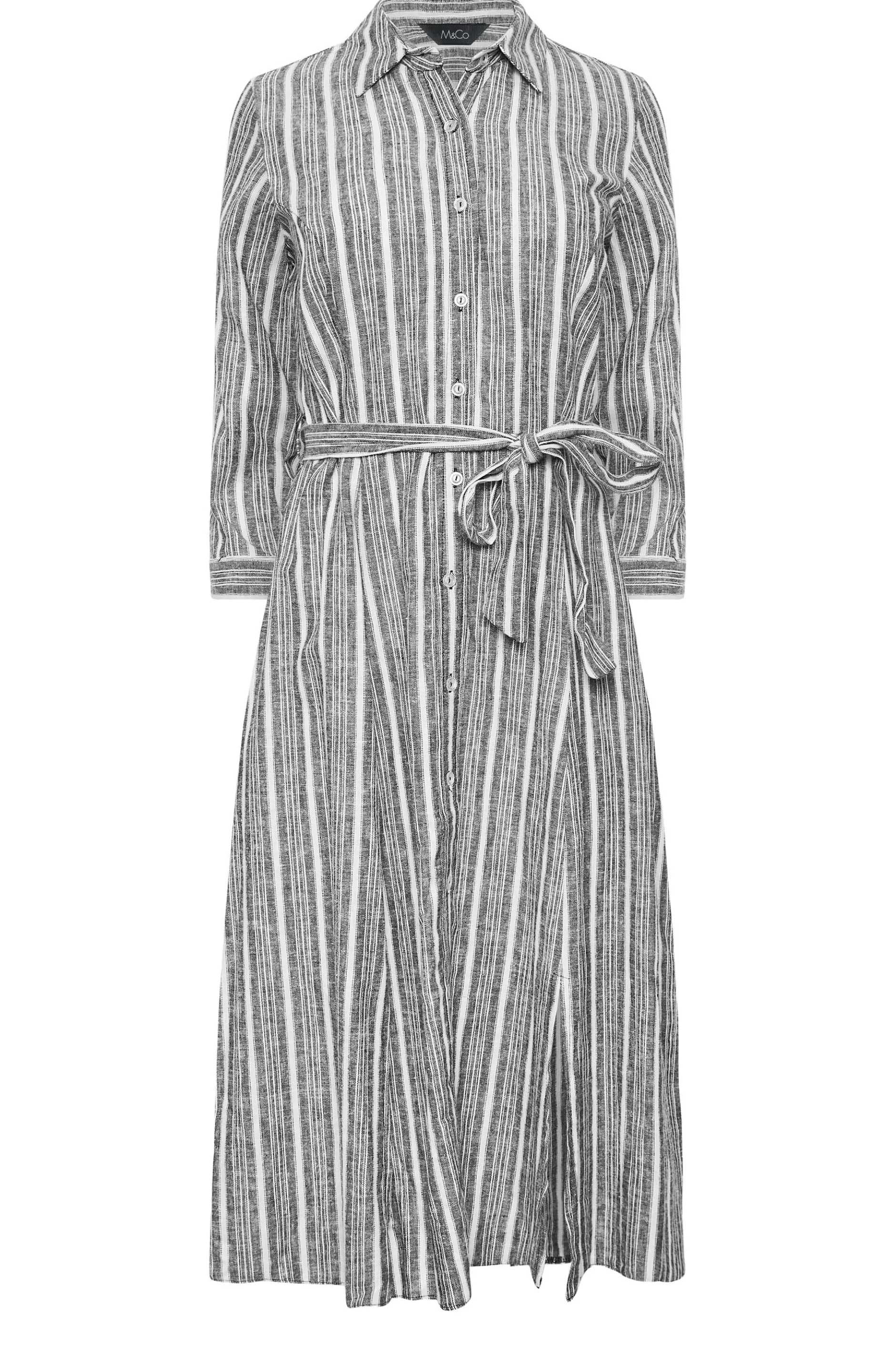 Women M&Co Shirt Dresses> Womens Grey Stripe Button Through Tie Waist Cotton Dress