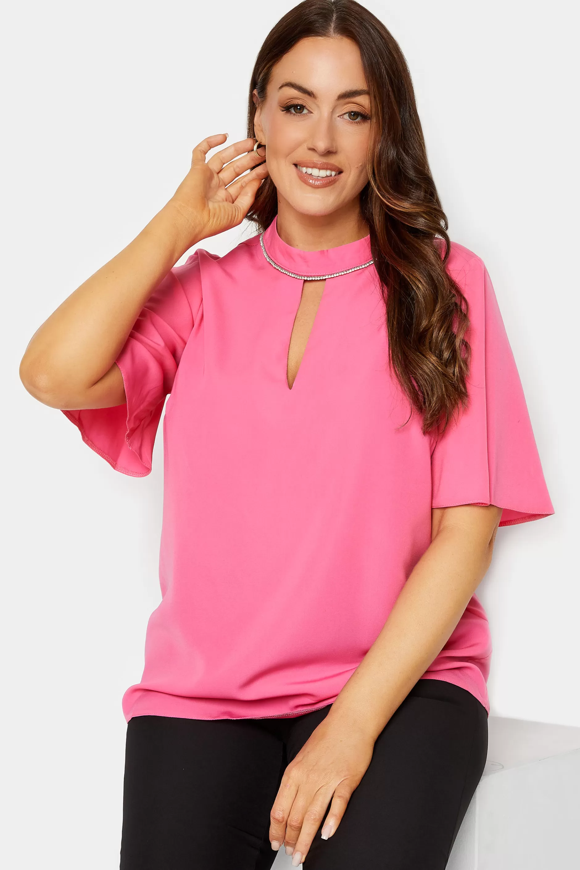 Women M&Co Short Sleeve Tops> Womens Hot Pink Embellished Neck Keyhole Blouse